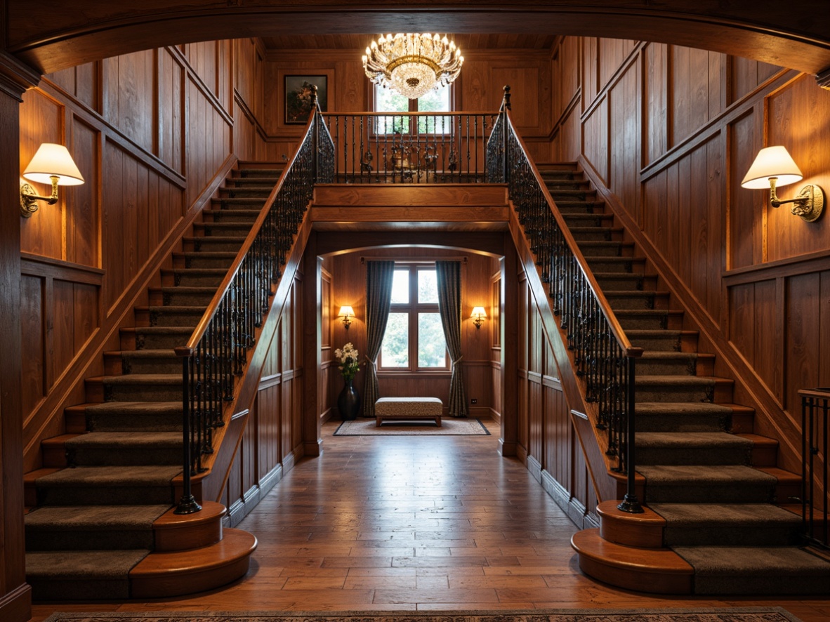 Prompt: Rustic wooden treads, distressed finishes, ornate metal balusters, grand staircase, luxurious foyer, high ceiling, crystal chandelier, regal carpeted stairs, richly stained wood, intricate carvings, traditional vernacular style, warm ambient lighting, shallow depth of field, 1/1 composition, realistic textures, subtle atmospheric effects.