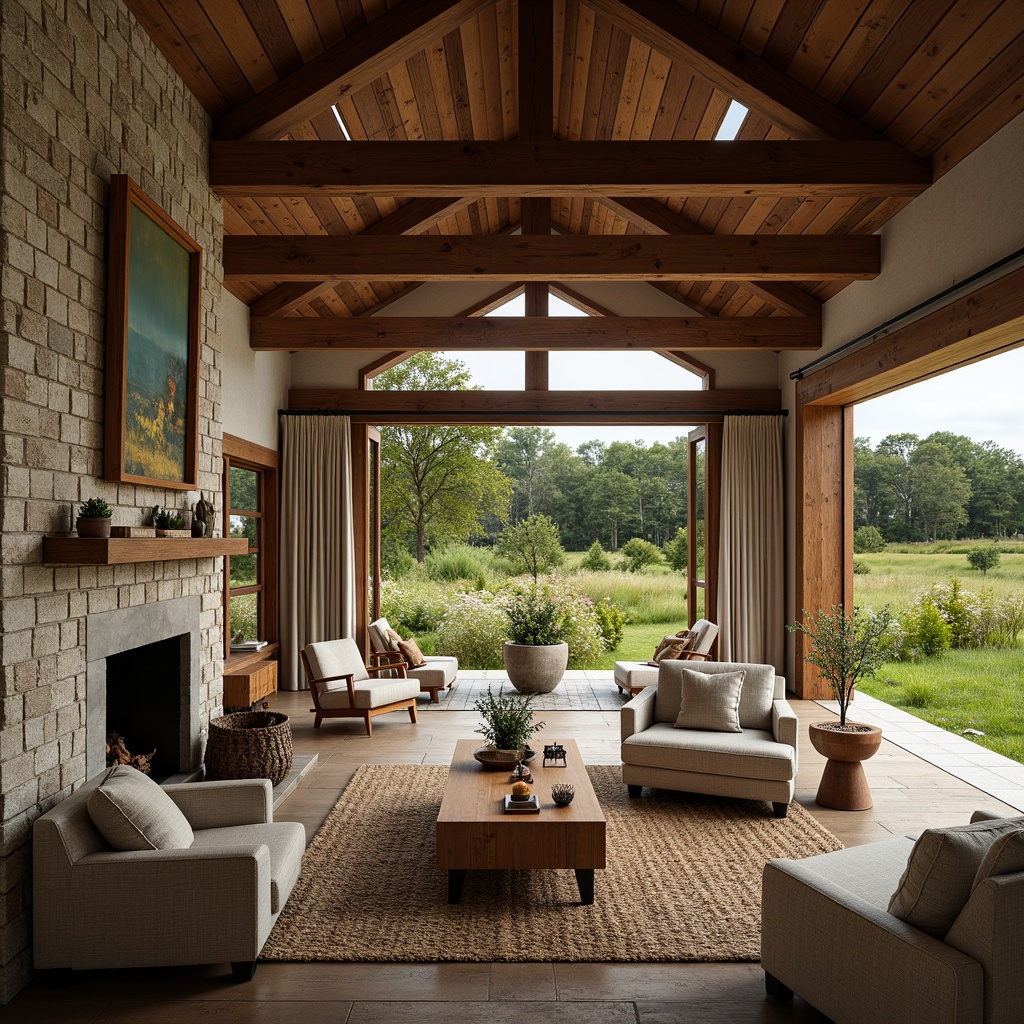 Prompt: Rustic farmhouse, expansive open spaces, natural wood accents, vintage metal decor, earthy color palette, lush greenery, wildflower fields, wooden beams, stone walls, cozy fireplaces, plush furnishings, soft warm lighting, shallow depth of field, 1/1 composition, panoramic view, realistic textures, ambient occlusion.