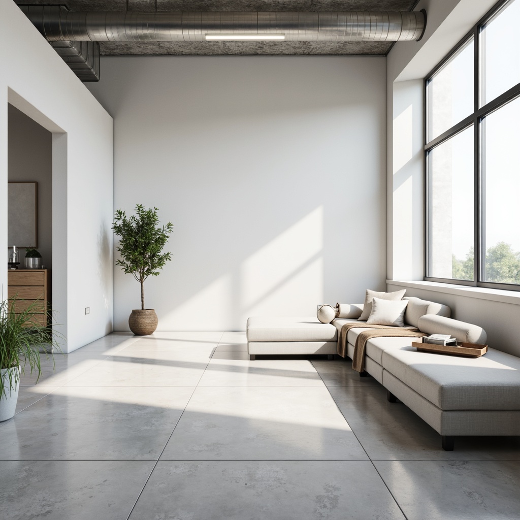 Prompt: Matte white walls, polished concrete floors, sleek metal accents, minimalist decor, sparse greenery, industrial-style lighting, monochromatic color scheme, subtle texture variations, clean lines, simplicity-driven design, Nordic-inspired furniture, calm atmosphere, soft natural light, shallow depth of field, 3/4 composition, realistic renderings, ambient occlusion.