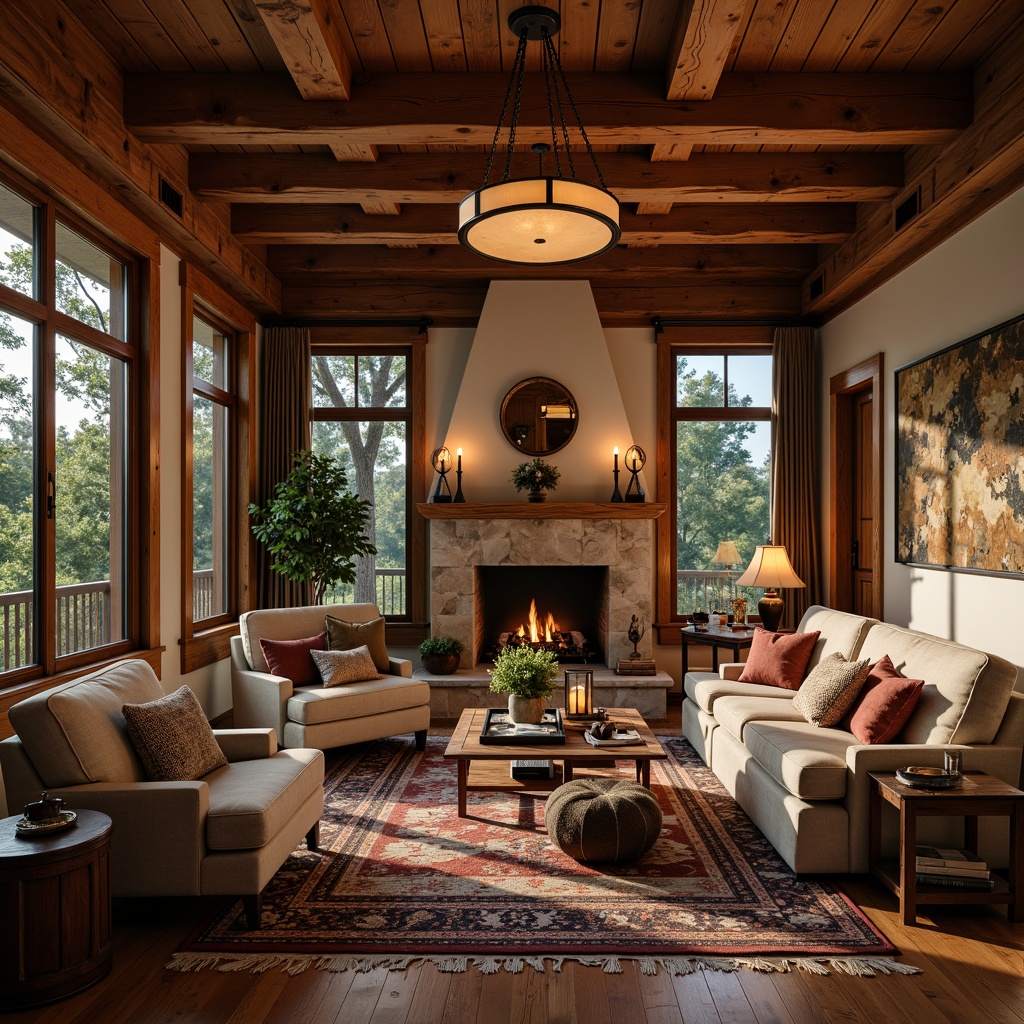 Prompt: Warm Craftsman-style interior, rich wood tones, earthy color palette, natural textiles, vintage lighting fixtures, warm candlelight, soft glowing lanterns, rustic metal accents, distressed wood beams, cozy reading nooks, plush area rugs, comfortable oversized furniture, inviting fireplaces, wooden mantels, ornate ceiling details, warm neutral colors, soft box lighting, 1/2 composition, shallow depth of field, realistic textures, ambient occlusion.