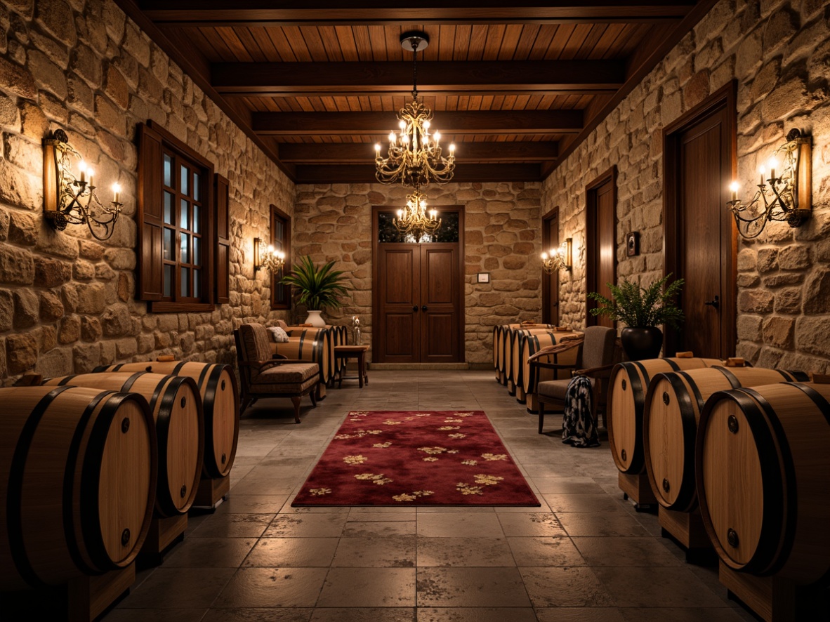 Prompt: Rustic winery estate, stone fa\u00e7ade, wooden barrels, vintage wine-making equipment, ornate metalwork, elegant chandeliers, warm earthy tones, rich wood textures, luxurious velvet fabrics, subtle lighting, soft warm glow, shallow depth of field, 2/3 composition, intimate atmosphere, realistic renderings, ambient occlusion.