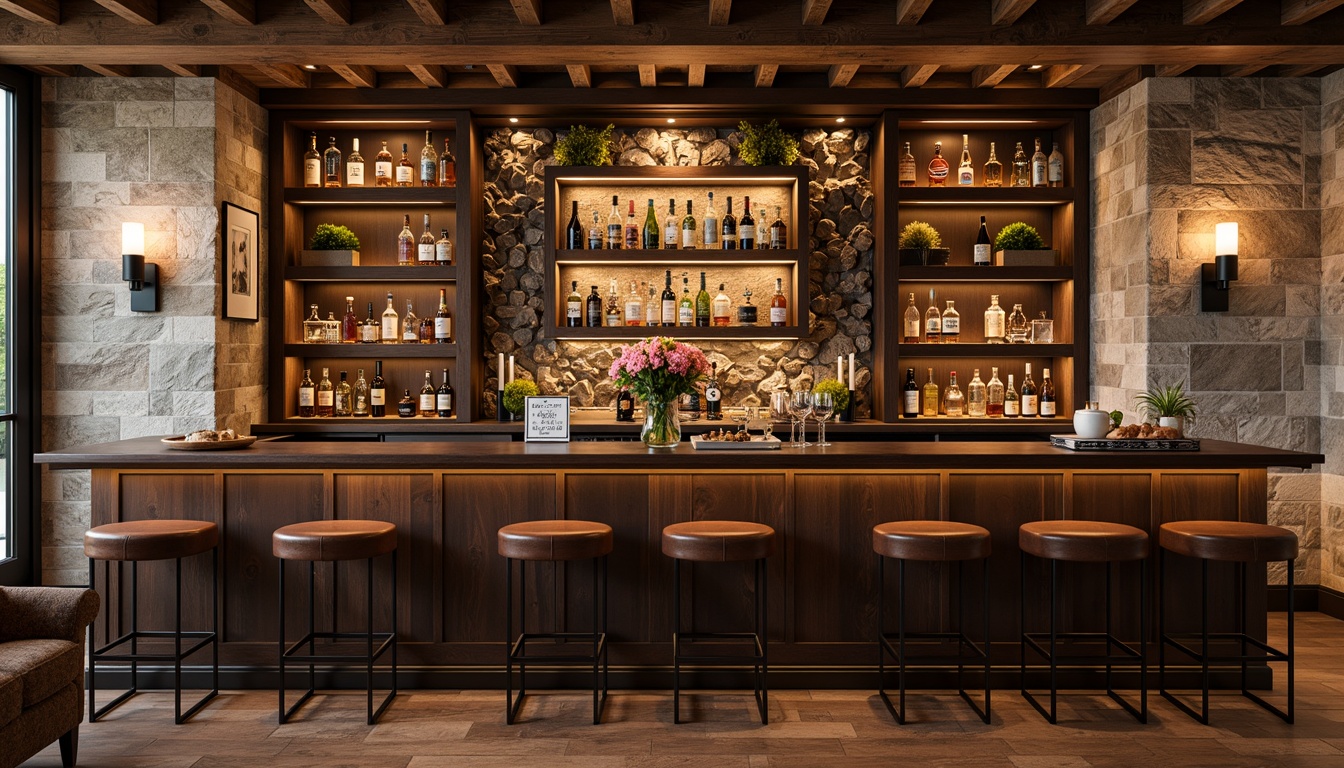 Prompt: Cozy home bar, natural stone walls, rustic wooden accents, earthy color palette, ambient warm lighting, rich leather stools, metal footrests, elegant glass shelves, premium liquor displays, sophisticated wine storage, subtle LED backlighting, 3/4 composition, shallow depth of field, realistic textures, ambient occlusion.