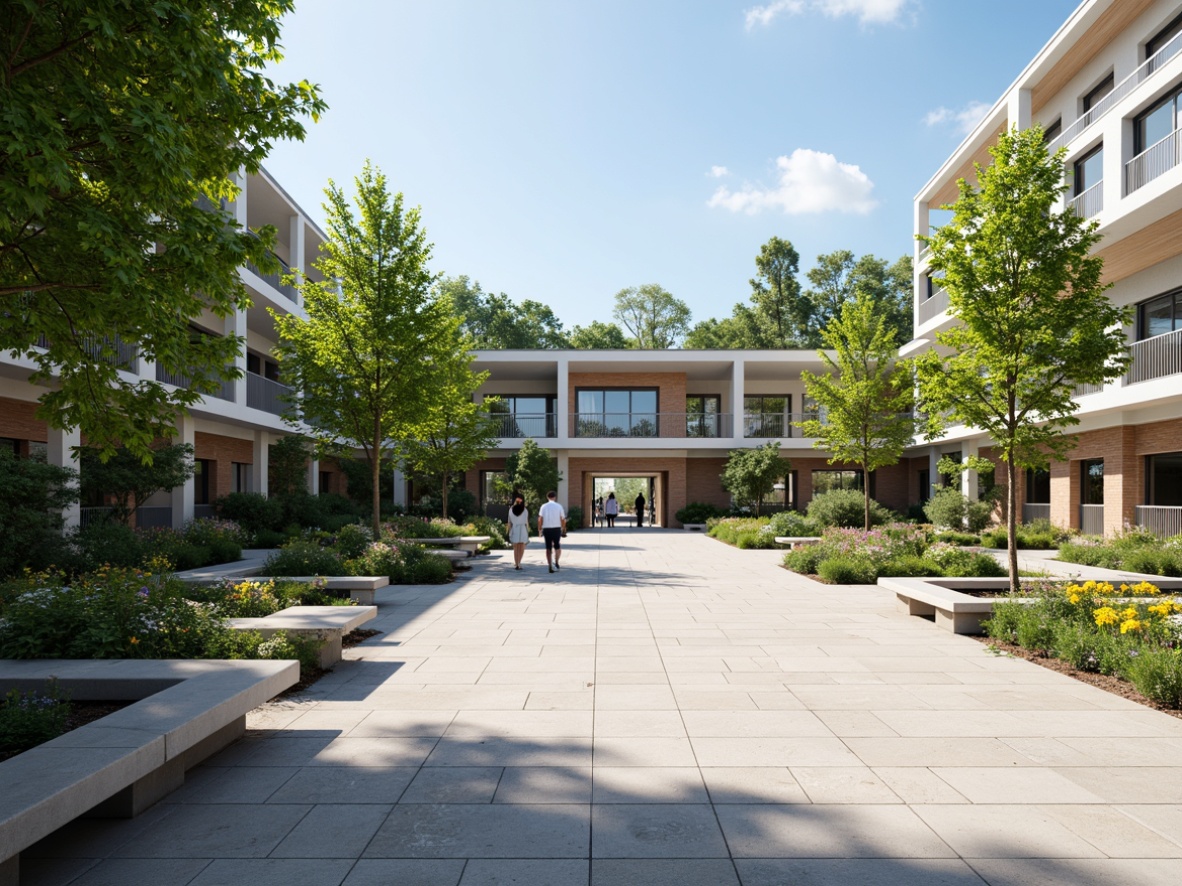 Prompt: Spacious high school courtyard, natural stone flooring, lush greenery walls, vibrant flower beds, modern metallic benches, educational signage, floor-to-ceiling windows, transparent glass roofs, abundant natural light, airy atmosphere, shallow depth of field, 3/4 composition, panoramic view, realistic textures, ambient occlusion, flexible modular classrooms, collaborative learning spaces, minimalist interior design, eco-friendly materials, innovative ventilation systems, shaded outdoor areas, misting systems.