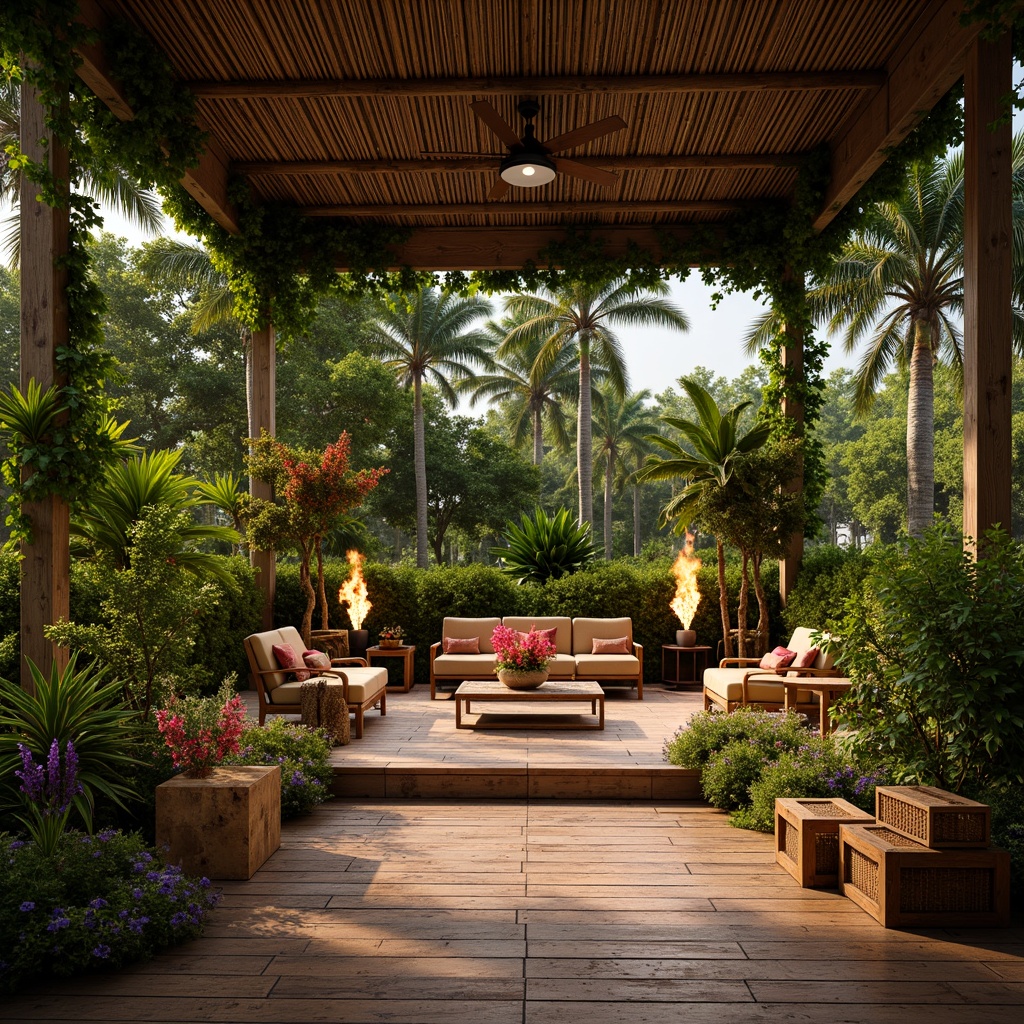 Prompt: Vibrant tropical stage, lush greenery, exotic flowers, palm trees, bamboo accents, colorful tiki torches, natural wood flooring, woven rattan furniture, vintage nautical ropes, distressed wooden crates, eclectic decorative props, warm soft lighting, shallow depth of field, 3/4 composition, panoramic view, realistic textures, ambient occlusion.