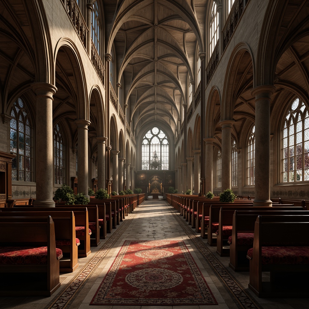 Prompt: Medieval Gothic cathedral, intricate stone carvings, grand high ceilings, stained glass windows, ornate wooden pews, luxurious velvet upholstery, richly patterned rugs, dark hardwood flooring, polished marble tiles, mosaic inlays, gilded accents, dramatic archways, ribbed vaults, mysterious ambiance, warm golden lighting, deep shadows, atmospheric misting.