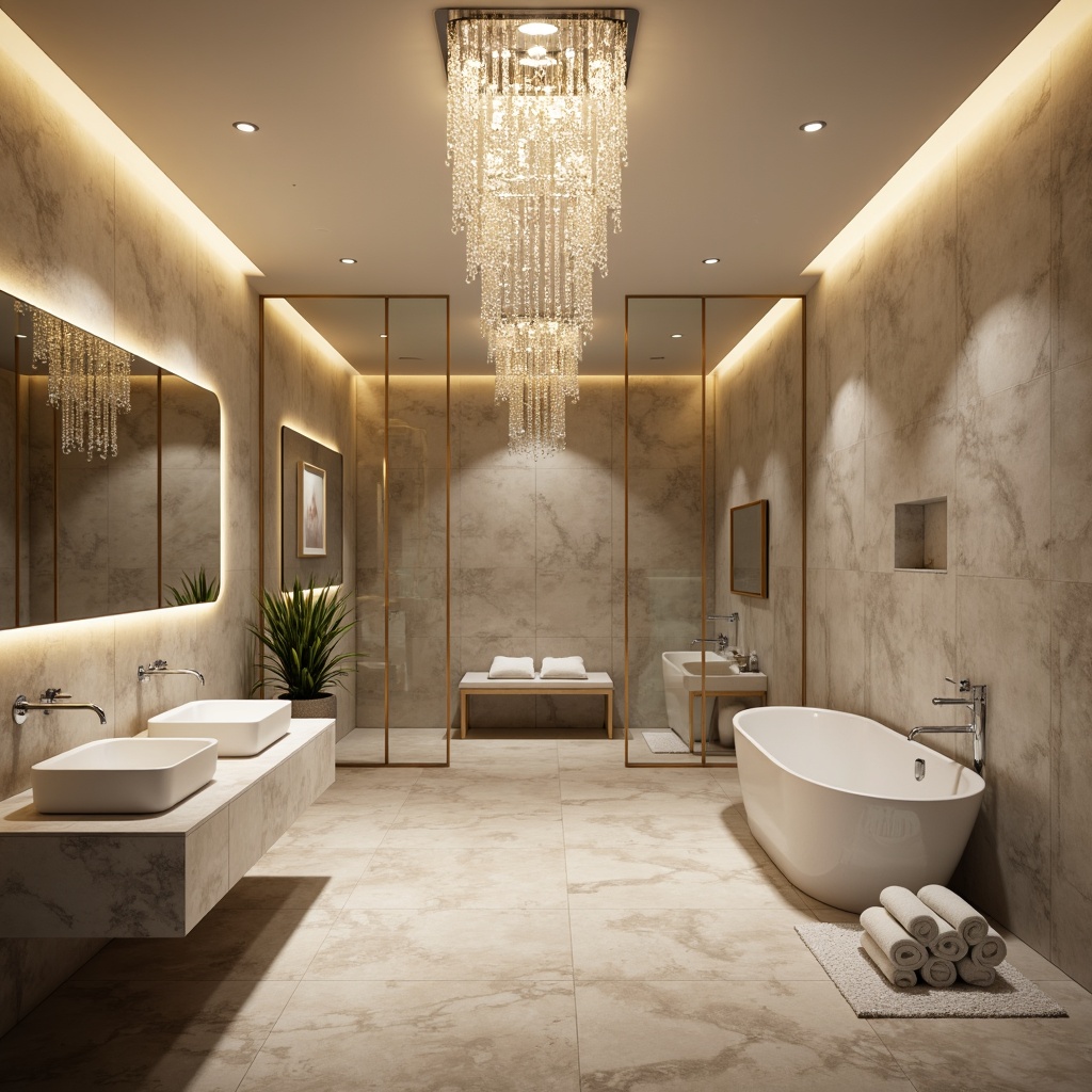 Prompt: Elegant bathroom, crystal chandelier, polished chrome fixtures, soft warm glow, ambient lighting, LED strip lights, minimalist design, white marble countertops, sleek sink basins, modern faucets, glass shower doors, rainfall showerheads, natural stone flooring, luxurious towels, spa-like atmosphere, relaxing ambiance, dimmable lighting, 1/1 composition, soft focus, shallow depth of field.