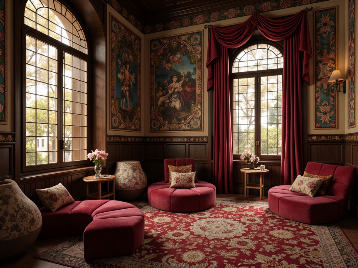 Prompt: Luxurious velvet fabrics, intricate floral patterns, sinuous curves, ornate metalwork, stained glass windows, richly colored tapestries, elegant wooden paneling, sculptural furniture pieces, delicate ceramic vases, whimsical nature-inspired motifs, soft warm lighting, shallow depth of field, 1/1 composition, intimate atmosphere, realistic textures, ambient occlusion.