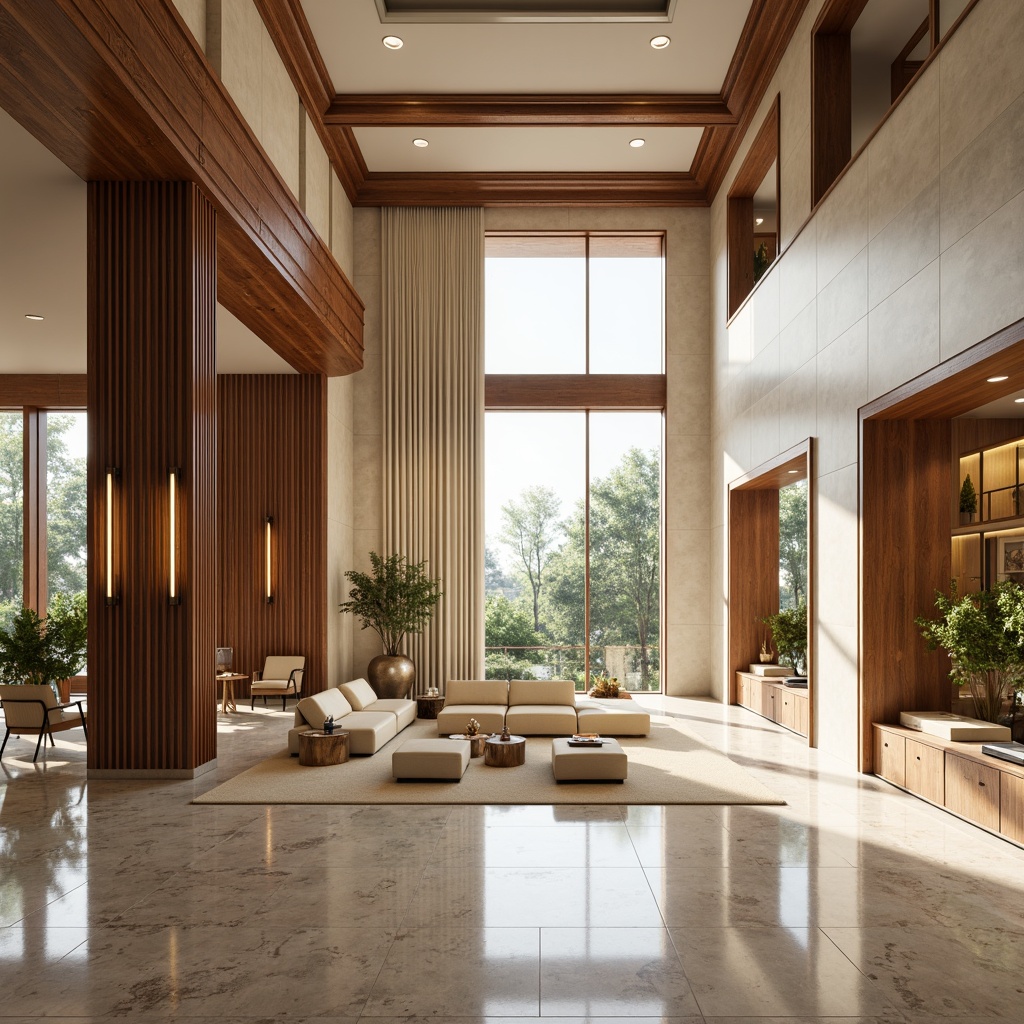 Prompt: Luxurious office interior, sophisticated molding details, rich wood tones, creamy marble textures, sleek metal accents, minimalist decor, spacious open floor plan, high ceilings, abundant natural light, floor-to-ceiling windows, soft warm lighting, 1/1 composition, shallow depth of field, realistic reflections, ambient occlusion, subtle color palette, professional atmosphere.