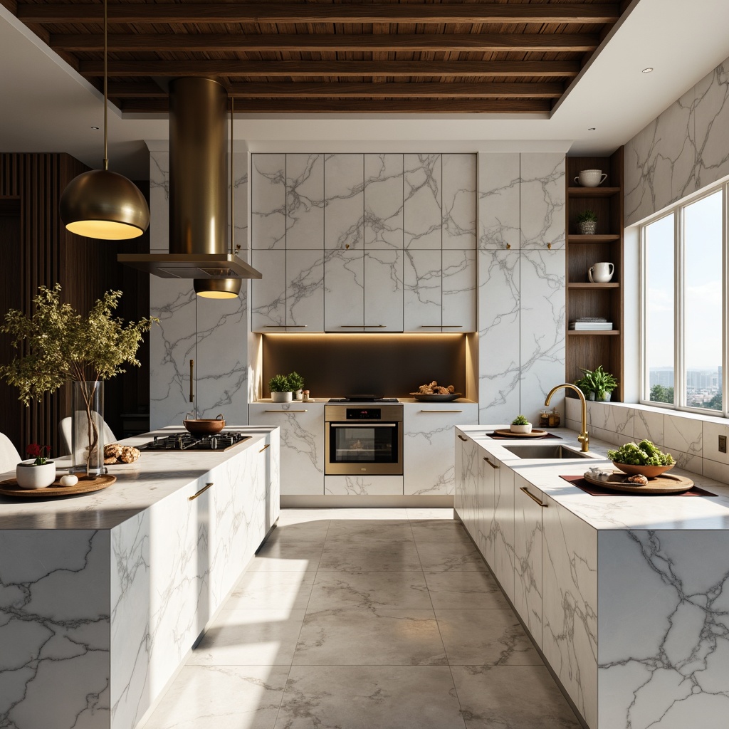 Prompt: Luxurious kitchen, marble countertops, white Carrara slabs, grey veins, polished finish, elegant cabinetry, gold hardware, pendant lights, urban modern style, high-contrast color scheme, warm ambient lighting, shallow depth of field, 1/1 composition, realistic textures, subtle reflections.