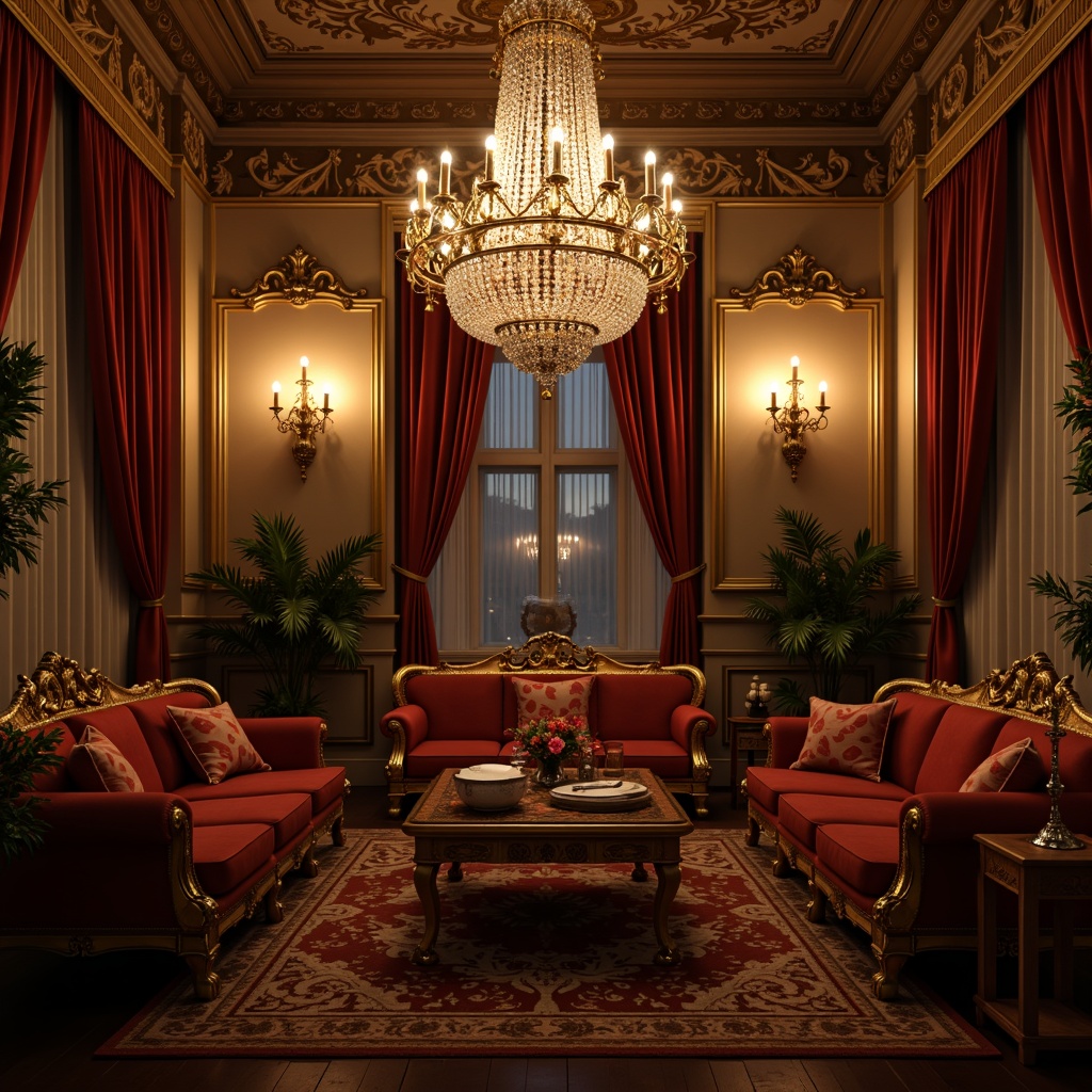 Prompt: Ornate chandeliers, crystal drops, golden accents, soft warm glow, luxurious fabrics, velvet drapes, intricate carvings, Baroque furnishings, ornamental mirrors, gilded frames, lavish decorations, opulent colors, rich textures, dramatic lighting effects, low-key lighting, atmospheric ambiance, romantic mood, 1/2 composition, intimate views, realistic reflections, detailed ornaments.