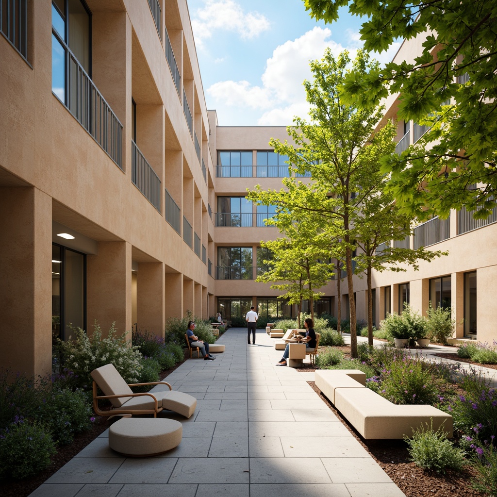 Prompt: Vibrant campus interior, warm beige walls, rich wood accents, soothing greenery, calming blue tones, natural stone flooring, comfortable furniture, soft warm lighting, cozy reading nooks, collaborative workspaces, modern minimalist decor, sleek metal fixtures, earthy color scheme, nature-inspired patterns, organic textures, subtle color gradients, 1/1 composition, shallow depth of field, realistic renderings.