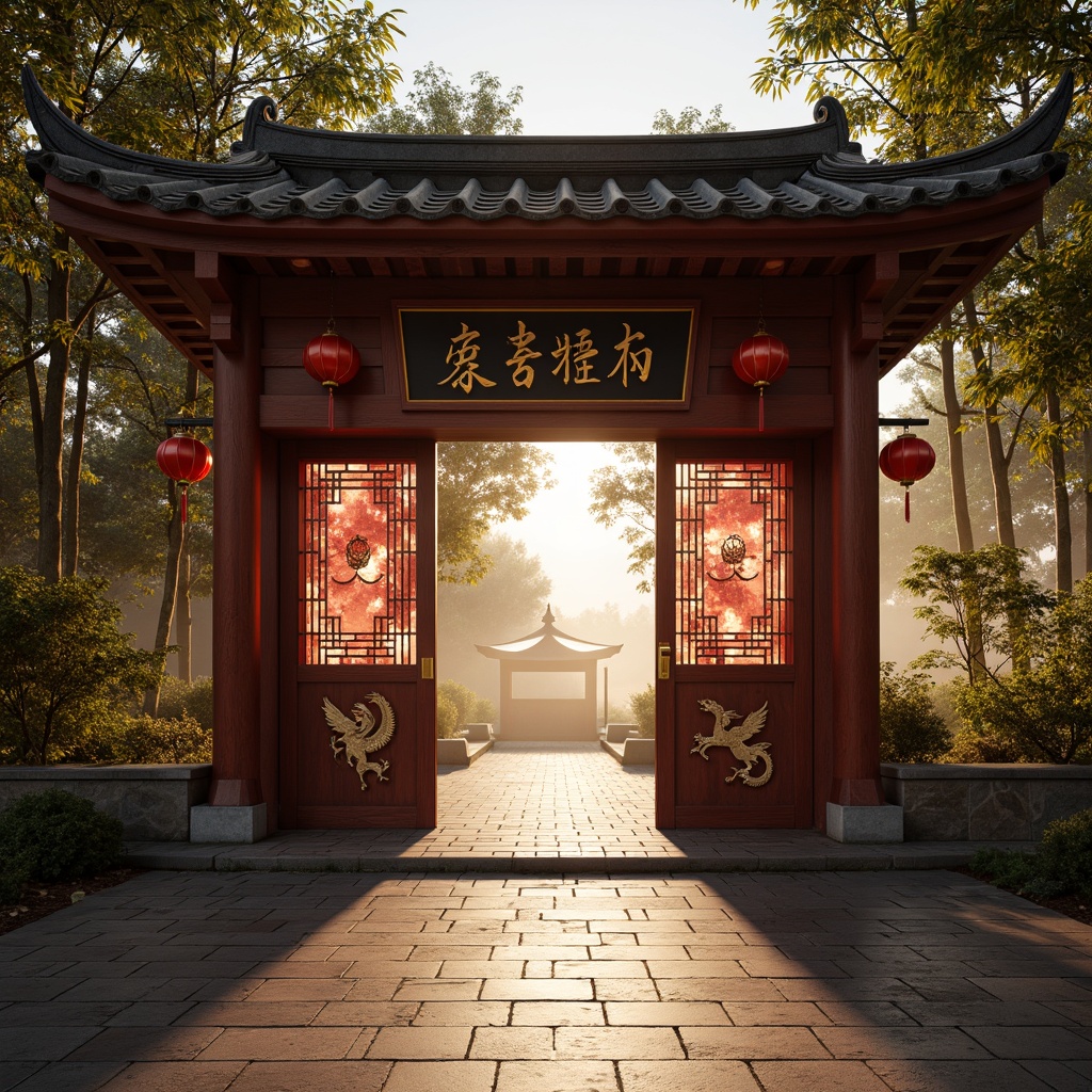 Prompt: Traditional Chinese pagoda-style roof, intricately carved wooden doors, vibrant red lanterns, auspicious couplets, symbolic dragon and phoenix motifs, ornate ceramic tiles, delicate silk-inspired curtains, bamboo forest surroundings, serene misty morning, warm golden lighting, shallow depth of field, 1/1 composition, realistic textures, ambient occlusion.