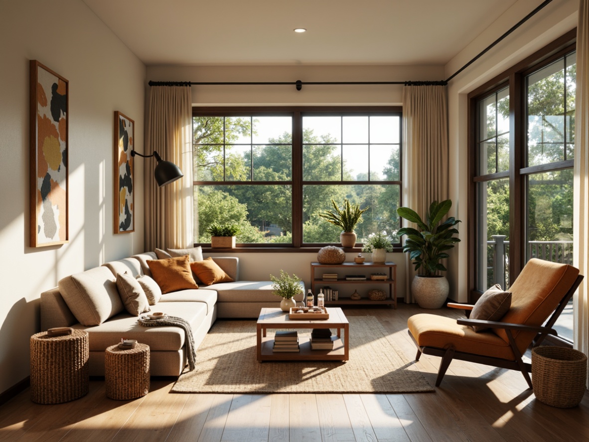 Prompt: Cozy living room, plush sofas, velvet armchairs, wooden coffee tables, woven baskets, soft cushions, warm lighting, natural textiles, earthy tones, minimalist decor, Scandinavian-inspired design, functional storage units, ergonomic chairs, statement pieces, metallic accents, greenery, blooming flowers, large windows, sunny afternoon, gentle shadows, 1/1 composition, shallow depth of field, realistic reflections.