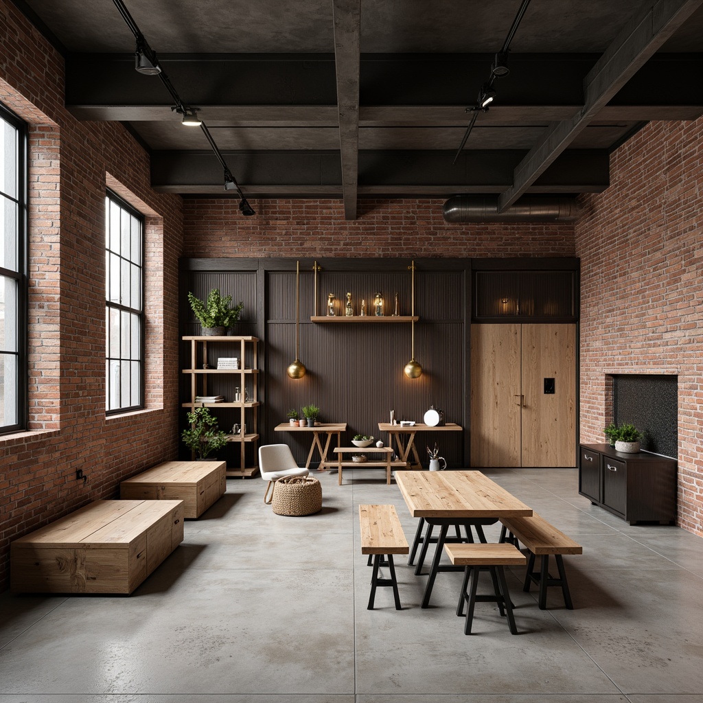 Prompt: Exposed brick walls, industrial metal beams, concrete floors, functional wooden furniture, minimalist decor, brutalist architecture, reclaimed wood accents, metal mesh panels, exposed ductwork, industrial lighting fixtures, urban loft atmosphere, raw unfinished textures, neutral color palette, geometric shapes, minimalist styling, functional shelving units, metal stools, reclaimed wood tables, industrial-chic decorative items, dramatic overhead lighting, high-contrast shadows, 1/1 composition, cinematic perspective, gritty realistic textures.