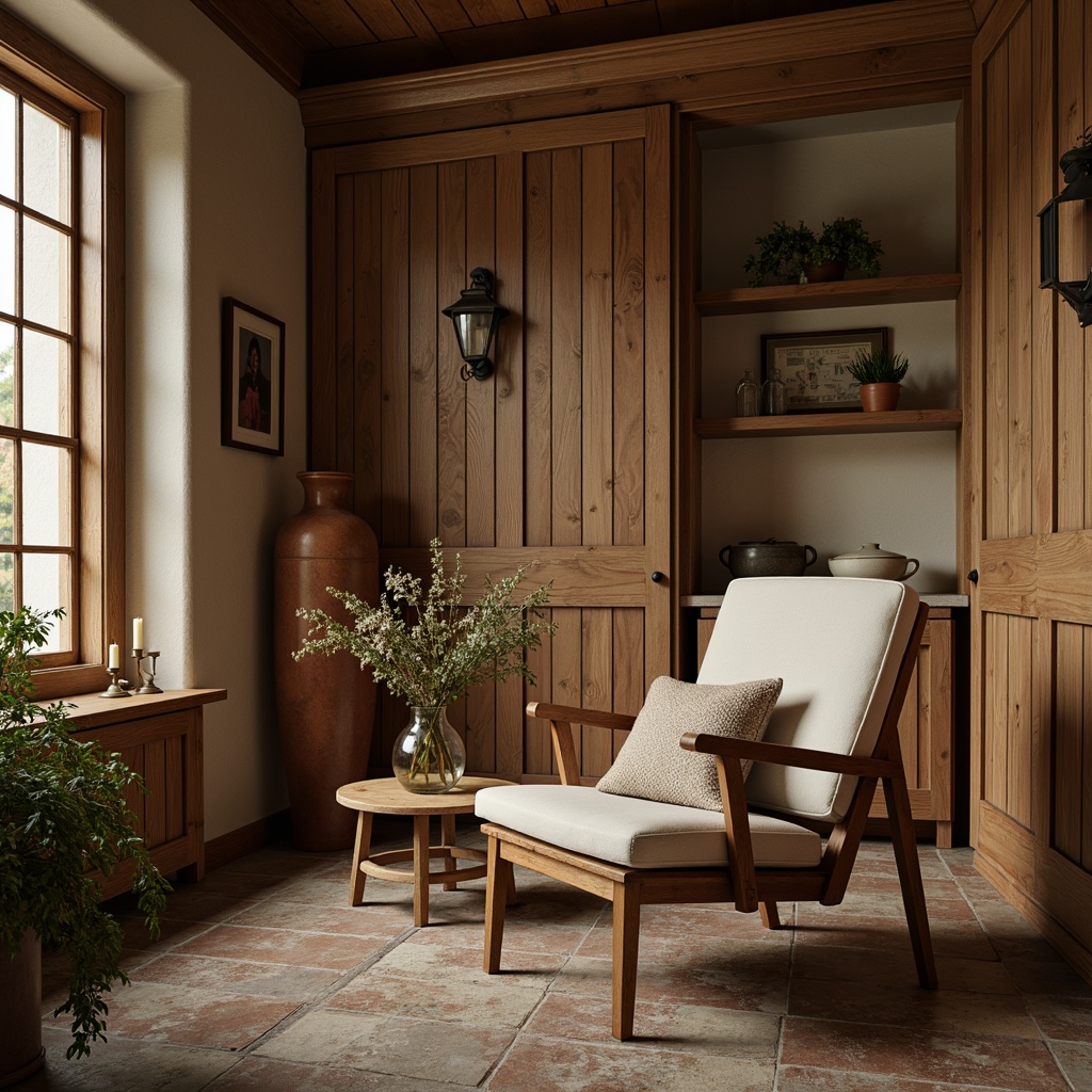 Prompt: Rustic wooden accents, earthy brown tones, warm beige walls, rich walnut furniture, soft cream-colored upholstery, natural stone flooring, vintage metal fixtures, distressed leather textures, cozy candlelight, intimate atmospheric ambiance, 1/2 composition, shallow depth of field, realistic wood grain details.