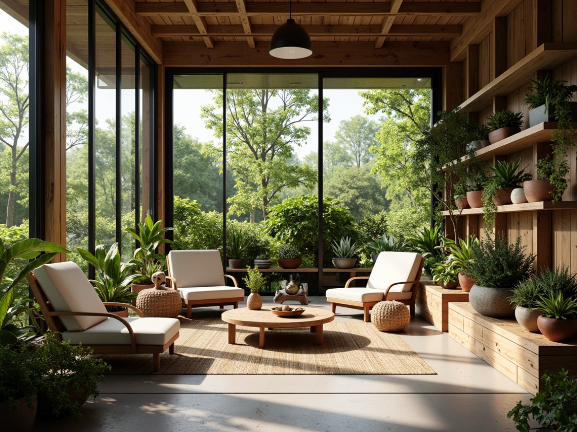 Prompt: Lush greenery, natural light, mid-century modern furniture, sleek wooden accents, organic shapes, earthy tones, woven textiles, rattan chairs, pendant lamps, geometric patterns, minimalist decor, floor-to-ceiling windows, sliding glass doors, industrial-style planters, reclaimed wood shelves, hanging botanical gardens, soft warm lighting, shallow depth of field, 1/1 composition, realistic textures, ambient occlusion.