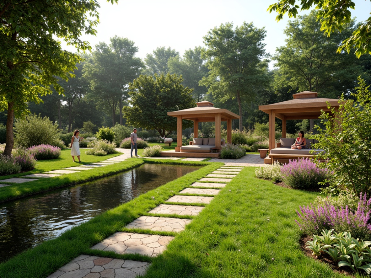 Prompt: Lush green lawns, blooming flowers, natural stone pathways, meandering streams, serene ponds, wooden gazebos, vibrant gardens, eclectic sculptures, modern outdoor furniture, sustainable irrigation systems, eco-friendly materials, organic shapes, curved lines, soft warm lighting, shallow depth of field, 3/4 composition, panoramic view, realistic textures, ambient occlusion.