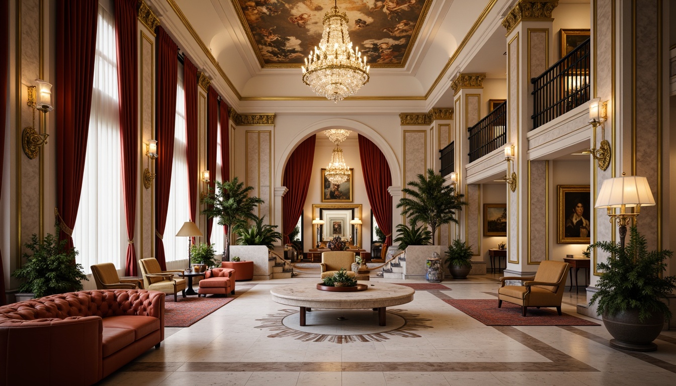 Prompt: Elegant hotel lobby, neoclassical architecture, marble columns, ornate chandeliers, grand staircases, luxurious furnishings, velvet drapes, gold leaf accents, intricate moldings, refined color palette, soft warm lighting, shallow depth of field, 3/4 composition, symmetrical layout, fresco ceiling paintings, ornate mirrors, gilded frames, classic artwork reproductions, subtle texture overlays, ambient occlusion.