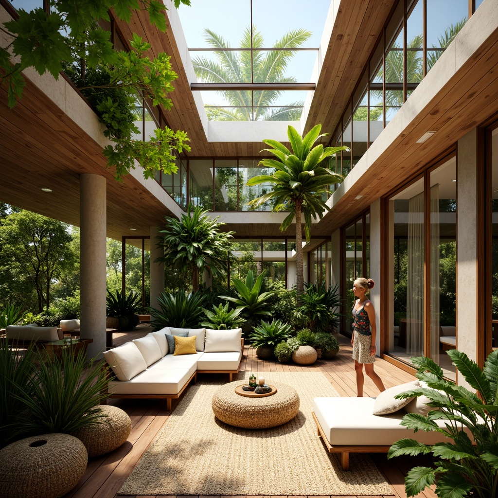 Prompt: Vibrant tropical atmosphere, lush greenery, exotic plants, warm wooden accents, natural textiles, woven fibers, rattan furniture, open-air spaces, large windows, sliding glass doors, clerestory windows, high ceilings, skylights, bright sunny day, soft diffused lighting, warm color palette, earthy tones, organic shapes, fluid lines, minimalist decor, nature-inspired patterns, subtle shadows, 1/1 composition, realistic rendering, ambient occlusion.