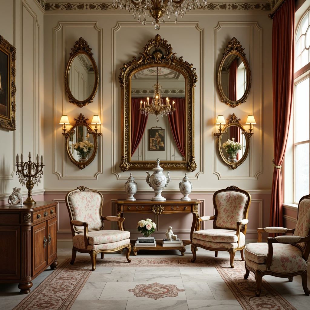 Prompt: Ornate mirrors, gilded frames, intricately carved furniture, lavish upholstery, delicate porcelain vases, ornamental clocks, candelabras with crystal drops, flowing silk fabrics, pastel color palette, soft golden lighting, shallow depth of field, 1/1 composition, symmetrical balance, ornate moldings, curved lines, whimsical patterns, floral motifs, shell-shaped decorations, luxurious velvet drapes, marble floors, opulent chandeliers.