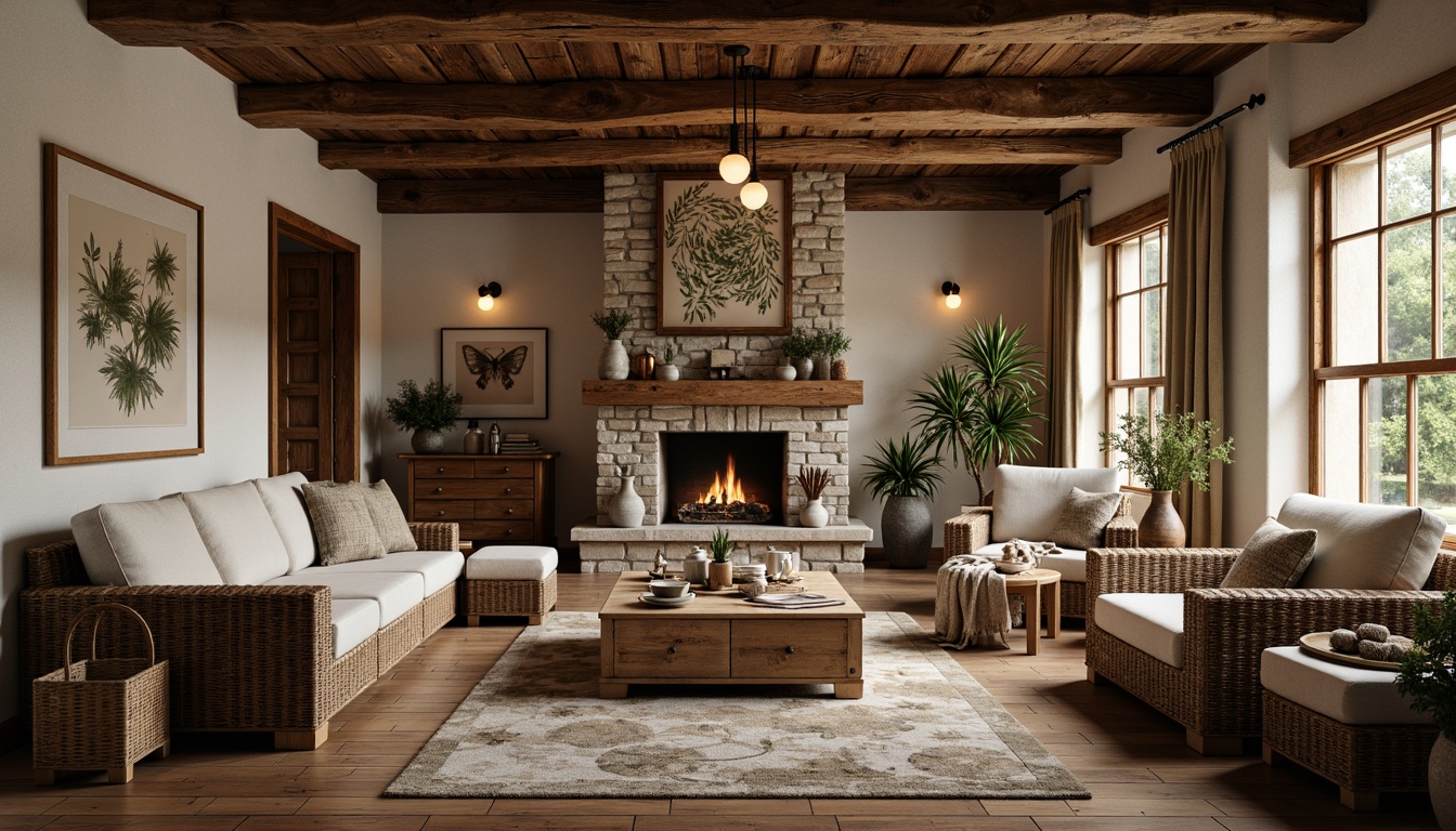 Prompt: Rustic farmhouse interior, reclaimed wood accents, natural stone walls, earthy color palette, woven wicker furniture, linen upholstery, vintage metal decor, distressed wooden beams, pendant lanterns, organic textures, botanical prints, nature-inspired patterns, warm candlelight, cozy reading nooks, plush throw blankets, wooden floorboards, antique farming tools, traditional country style, soft warm lighting, shallow depth of field, 3/4 composition, realistic textures, ambient occlusion.