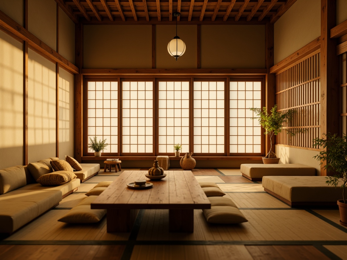 Prompt: Serenely lit traditional Japanese shoji screens, natural wood accents, subtle paper lanterns, elegant sliding doors, minimalist furnishings, low-seating tatami mats, soft warm illumination, shallow depth of field, 1/2 composition, warm beige color palette, earthy tones, organic textures, woven bamboo elements, nature-inspired motifs, gentle diffused lighting, ambient occlusion.