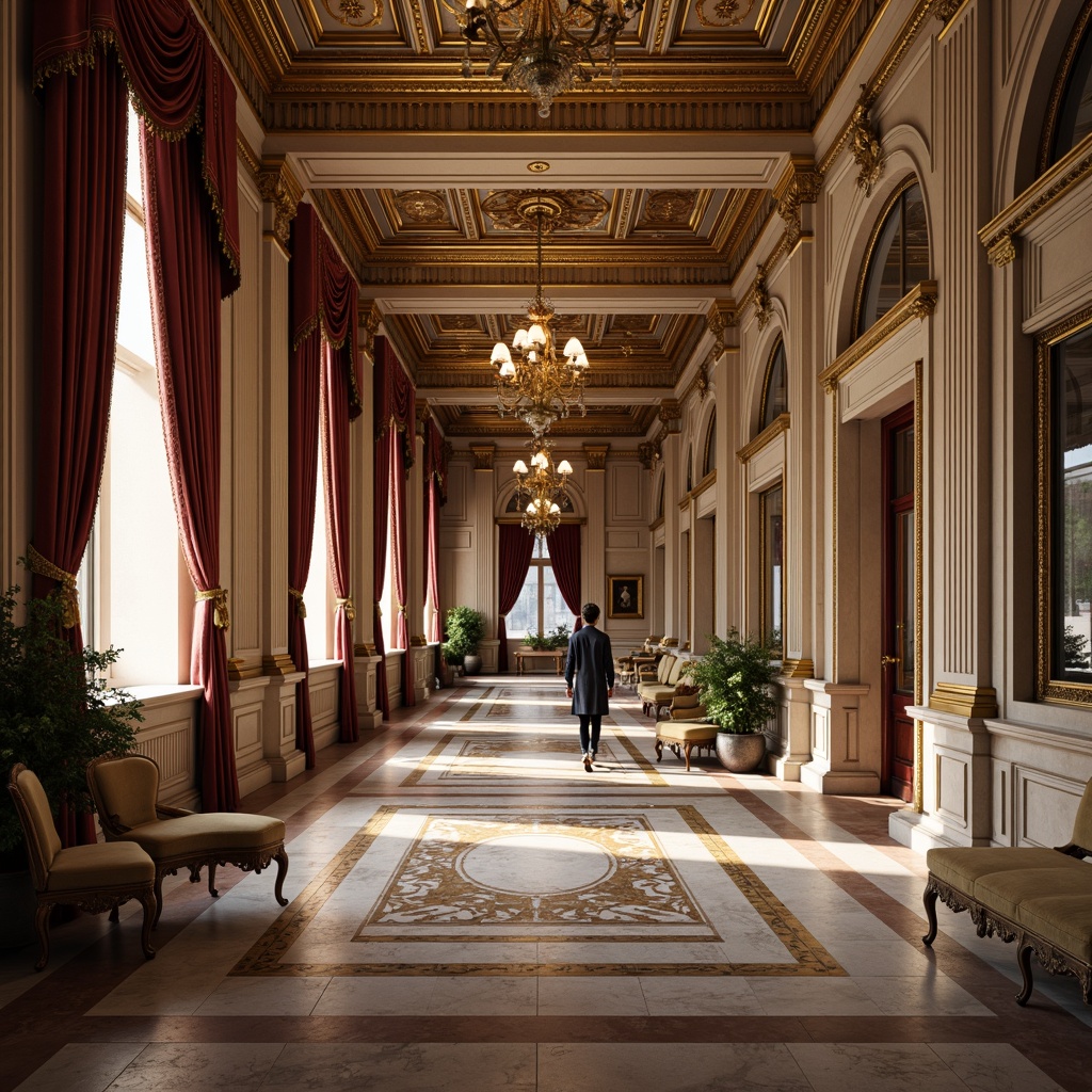 Prompt: Ornate classical columns, rich marble flooring, intricate carvings, lavish furnishings, velvety drapes, gilded accents, soft warm lighting, shallow depth of field, 3/4 composition, panoramic view, realistic textures, ambient occlusion, subtle gradient maps, luxurious fabrics, ornamental patterns, subtle color palette, symmetrical layout, elegant chandeliers, sophisticated moldings.