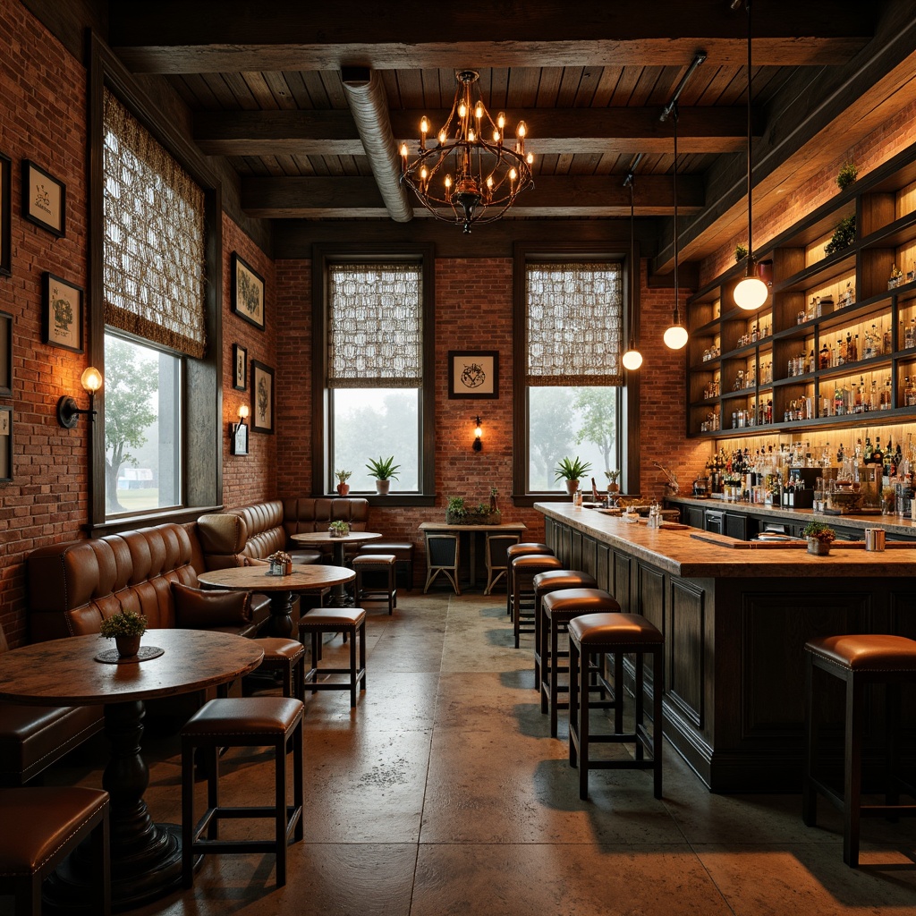 Prompt: Rustic bar interior, reclaimed wood accents, distressed metal finishes, vintage industrial lighting, exposed brick walls, polished concrete floors, rich leather upholstery, wooden beer barrels, ornate metalwork, warm ambient lighting, 1/1 composition, shallow depth of field, realistic textures, atmospheric fog effects.