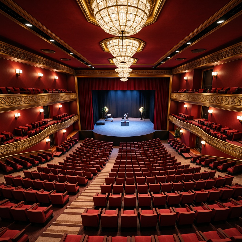 Prompt: Elegant theater interior, velvet curtains, grand chandeliers, polished wooden floors, comfortable seating areas, plush cushions, ergonomic chair designs, tiered auditorium, intimate stage settings, dramatic spotlights, rich red carpets, ornate gold details, sophisticated sound systems, acoustic paneling, state-of-the-art lighting rigs, vibrant color schemes, dynamic spatial arrangements, flexible modular layouts, accessible wheelchair ramps, inclusive audience experiences.