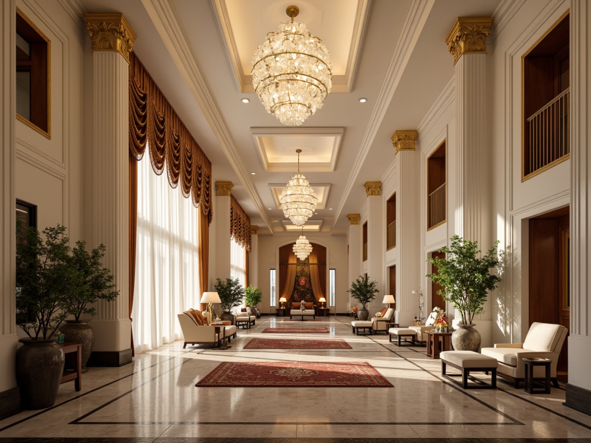 Prompt: Luxurious hotel lobby, high ceilings, grand chandeliers, intricately patterned rugs, polished marble flooring, neoclassical columns, ornate moldings, gilded details, lavish furnishings, opulent drapery, rich wood accents, subtle cream tones, warm ambient lighting, shallow depth of field, 1/1 composition, symmetrical framing, realistic textures, soft focus effect.