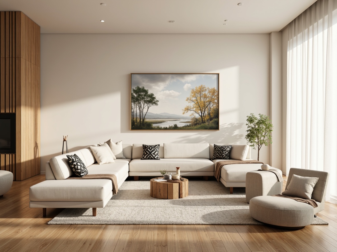 Prompt: Minimalist living room, light-filled atmosphere, wooden floors, cream-colored walls, sleek low-profile furniture, plush area rugs, cozy throw blankets, nature-inspired textiles, modern Nordic decor, geometric patterned pillows, floor-to-ceiling windows, sheer white curtains, soft warm lighting, 1/1 composition, shallow depth of field, realistic wood textures, ambient occlusion.