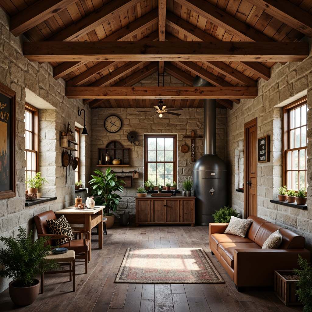 Prompt: Rustic farmhouse interior, exposed wooden beams, reclaimed wood accents, industrial metal fixtures, vintage farming tools, natural stone walls, earthy color palette, warm cozy lighting, shallow depth of field, 1/1 composition, realistic textures, ambient occlusion, worn leather furniture, distressed metal decor, potted greenery, rustic wooden crates, classic country signage.