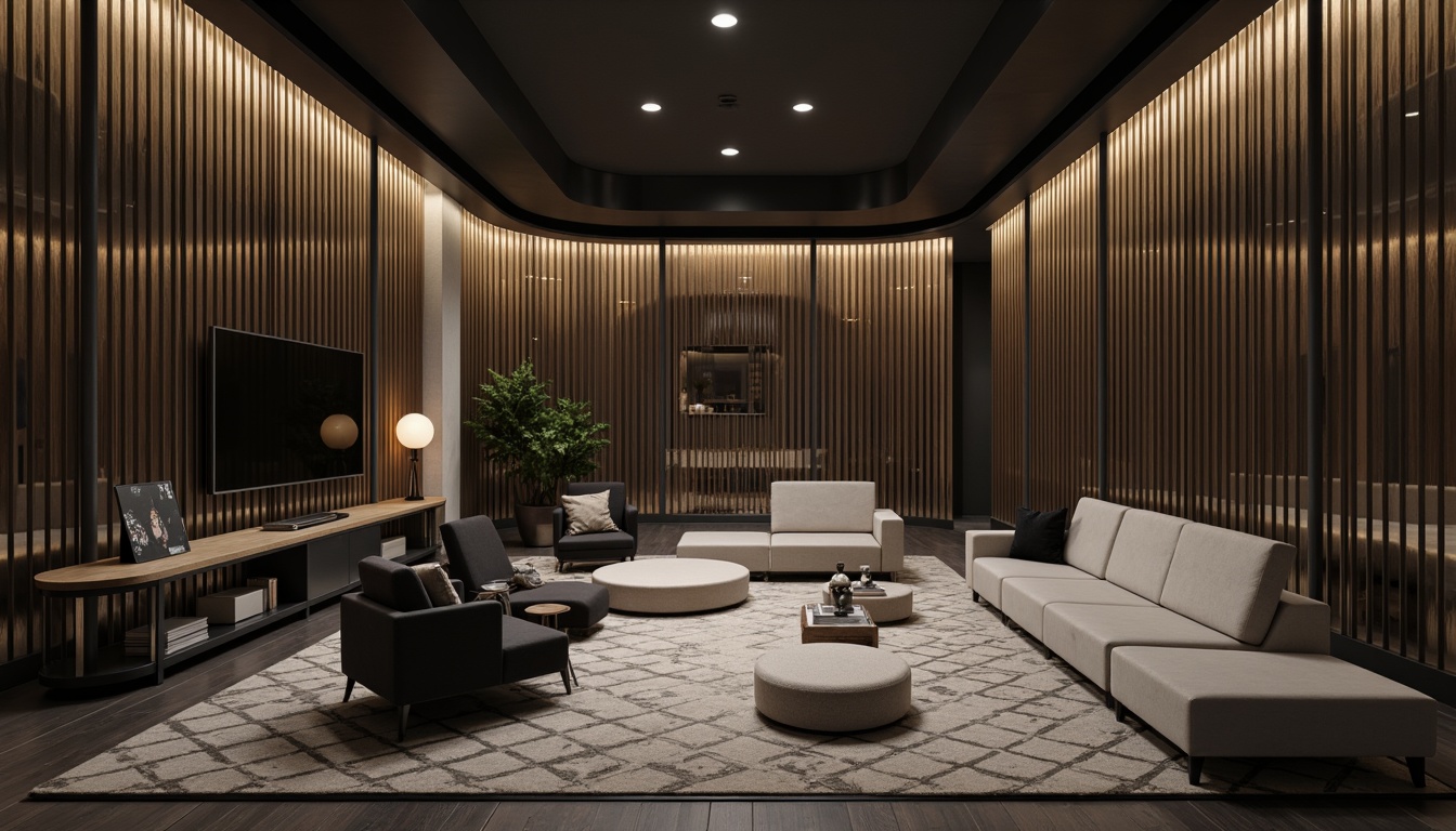 Prompt: Streamlined wall treatments, metallic accents, curved lines, minimalist decor, monochromatic color scheme, polished chrome surfaces, geometric patterns, Art Deco influences, luxurious textiles, velvet fabrics, subtle sheen, ambient lighting, soft shadows, 1/1 composition, cinematic view, realistic reflections, detailed textures.