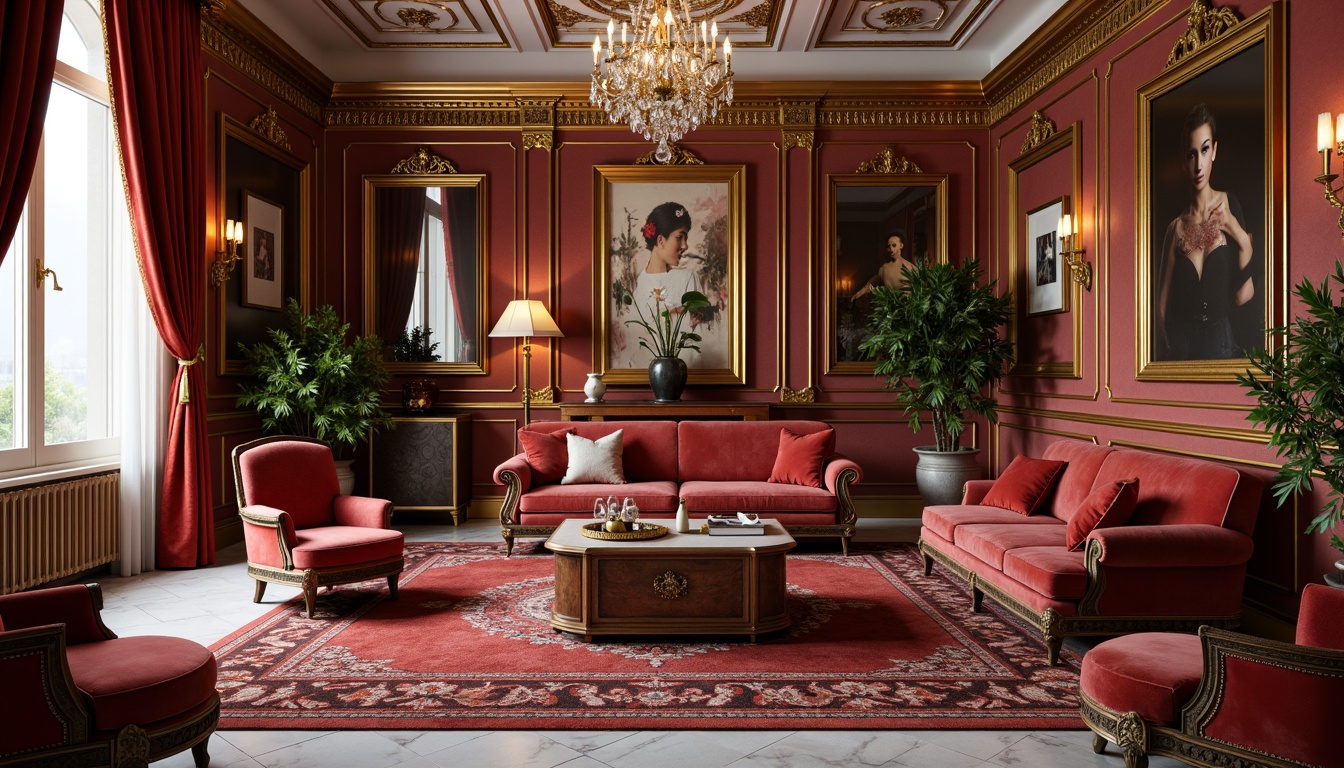 Prompt: Luxurious living room, rich velvet fabrics, ornate gold accents, intricately carved wooden furniture, crystal chandeliers, lavish marble floors, opulent drapery, vibrant jewel-toned colors, Baroque-inspired patterns, intricate moldings, gilded frames, soft warm lighting, shallow depth of field, 1/1 composition, realistic textures, ambient occlusion.