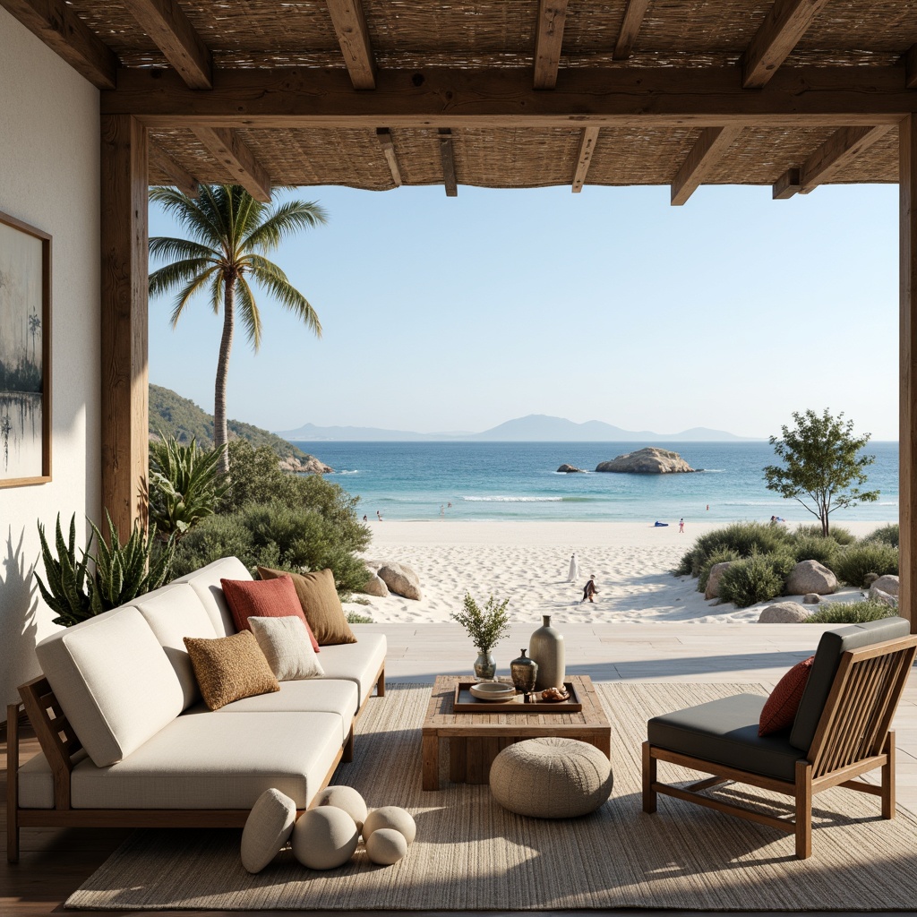 Prompt: Seaside villa, calming ocean views, soft sandy beaches, driftwood accents, natural woven fibers, linen upholstery, sea-salt blues, coral-inspired hues, weathered wood tones, nautical rope details, organic textures, beachy keystone patterns, subtle shell motifs, serene ambient lighting, shallow depth of field, 3/4 composition, panoramic view, realistic fabrics, gentle ocean breeze.