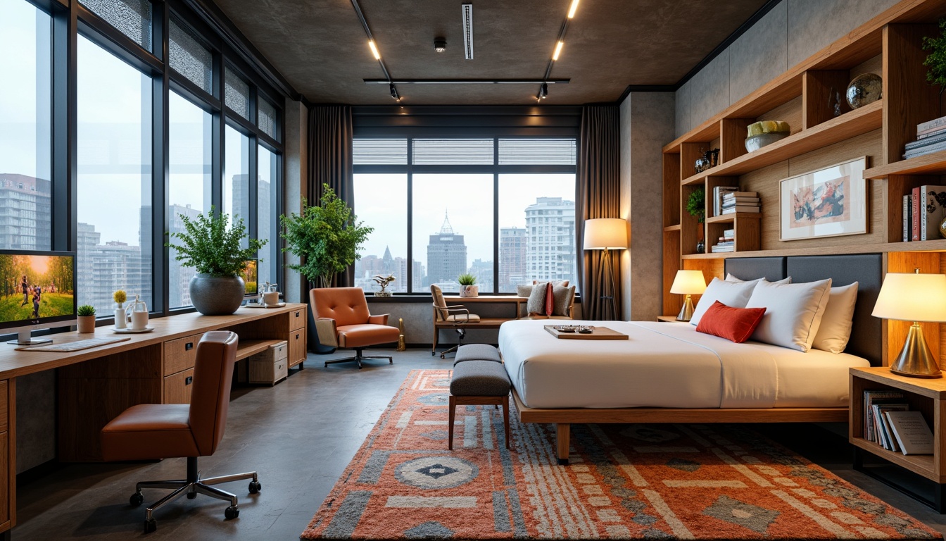 Prompt: Minimalist dorm room, sleek metal bed frames, plush carpets, industrial chic decor, reclaimed wood accents, modern lighting fixtures, floor-to-ceiling windows, cityscape views, cozy reading nooks, built-in shelving units, rustic wooden desks, ergonomic chairs, vibrant artwork, bold color schemes, textured throw blankets, geometric patterned rugs, Scandinavian-inspired furniture, warm ambient lighting, 1/1 composition, realistic textures, shallow depth of field.