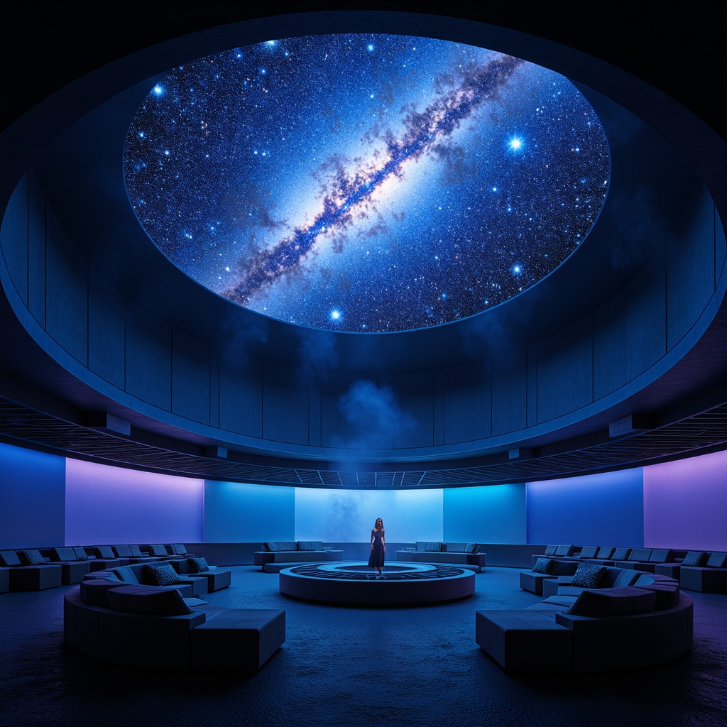 Prompt: Celestial planetarium, dark blue dome, twinkling starry night sky, soft glow of constellations, nebula-inspired color scheme, harmonious blend of blues and purples, gradient effect, iridescent hues, shimmering stardust textures, metallic accents, sleek modern architecture, futuristic lines, circular seating arrangement, ambient lighting, misty atmospheric effects, 360-degree panoramic view, high-resolution visuals, realistic rendering, subtle animations.