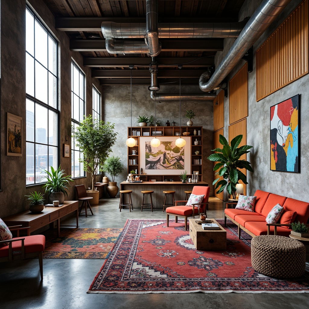 Prompt: Vibrant eclectic interior, steel-framed windows, industrial-chic metal beams, reclaimed wood accents, bold colorful textiles, patterned rugs, mismatched vintage furniture, ornate decorative pieces, abstract artwork, sleek modern lighting fixtures, polished concrete floors, exposed ductwork, urban loft atmosphere, natural light pouring in, shallow depth of field, 1/1 composition, soft warm glow, realistic reflections.