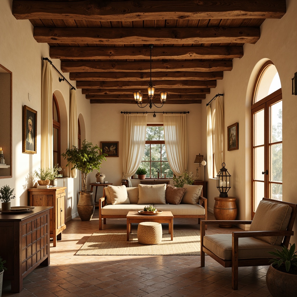 Prompt: Warm Mediterranean interior, soft natural light, creamy walls, rustic wooden beams, ornate tiles, vintage furniture, distressed finishes, earthy color palette, warm golden lighting, table lamps, floor lamps, pendant lights, candles, lanterns, arched windows, sheer curtains, diffused sunlight, afternoon ambiance, cozy atmosphere, 1/2 composition, soft focus, warm tone, realistic textures.