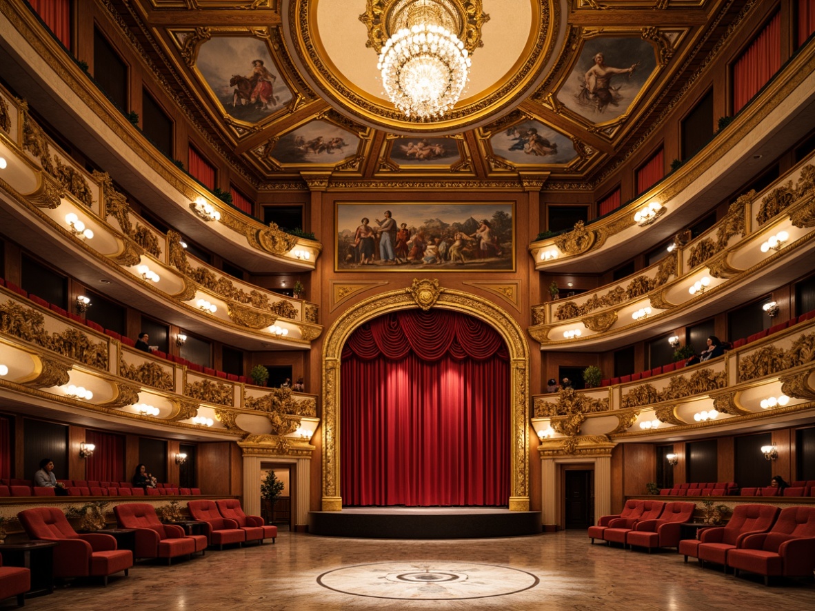 Prompt: Grand opera house, ornate golden balconies, intricate plasterwork, velvet red curtains, crystal chandeliers, gilded moldings, lavish frescoes, carved wooden paneling, marble floors, sweeping staircases, majestic high ceilings, dramatic spotlights, warm soft lighting, shallow depth of field, 1/1 composition, symmetrical framing, realistic textures, ambient occlusion.