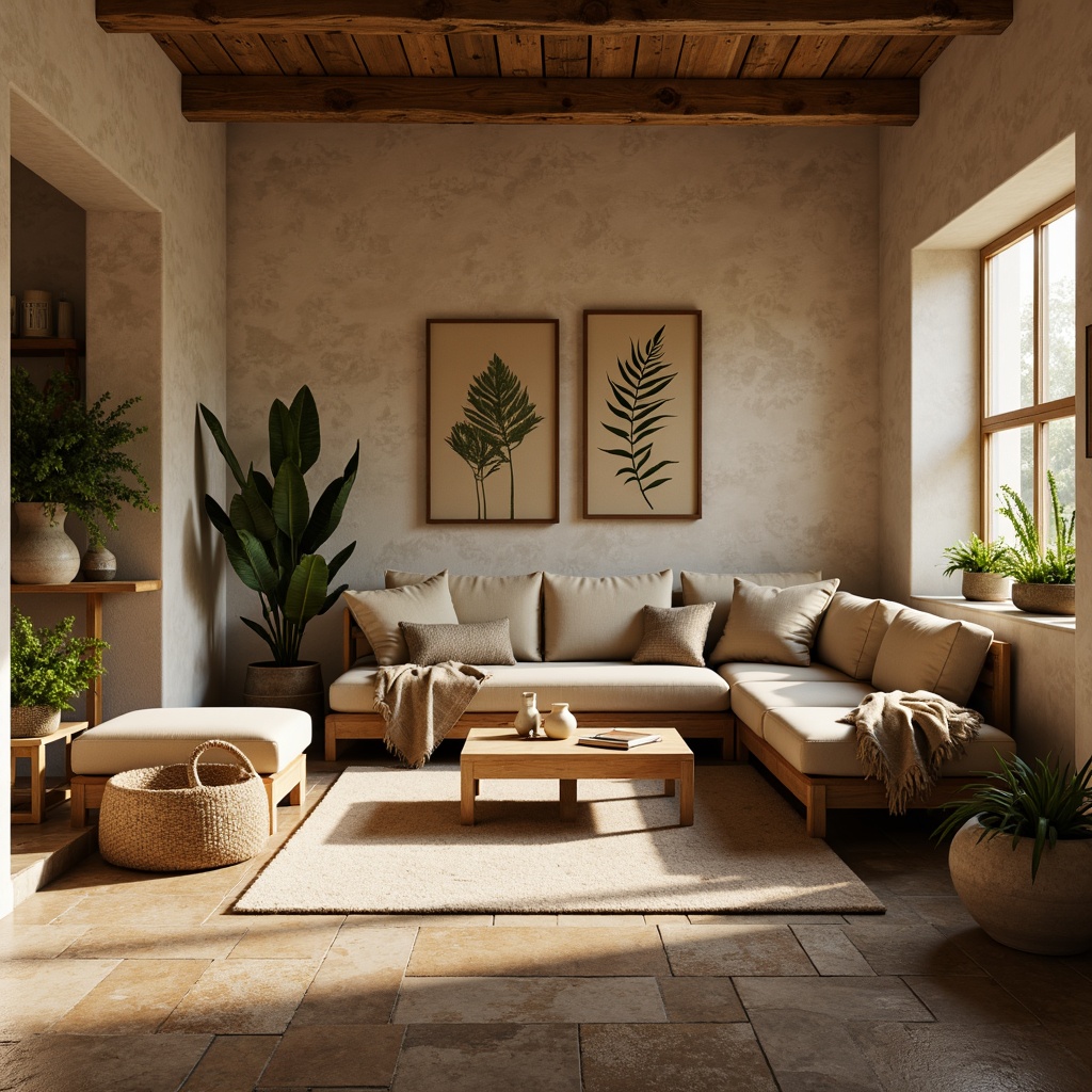 Prompt: Earthy tones, warm beige walls, natural stone floors, wooden accents, cozy furniture, plush rugs, botanical prints, vintage decorations, soft candlelight, warm afternoon sunbeams, shallow depth of field, 1/2 composition, realistic textures, ambient occlusion, serene atmosphere, inviting ambiance.