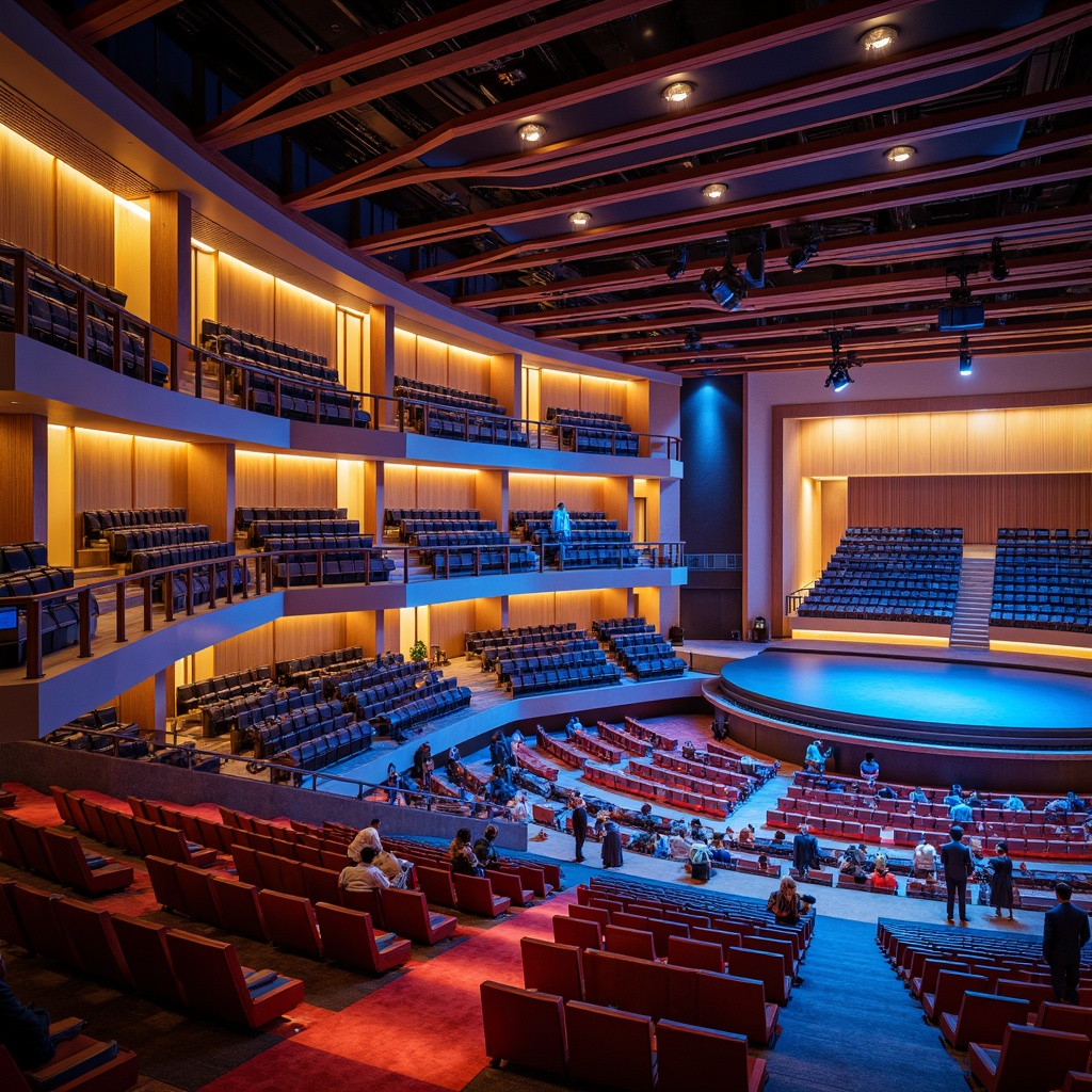 Prompt: Vibrant amphitheater interior, gradient blue seating, warm golden lighting, rich wood accents, plush red carpets, modern metallic railings, sleek glass balconies, dynamic curved lines, asymmetrical architecture, elevated stage platforms, dramatic spotlights, soft ambient glow, 3/4 composition, panoramic view, realistic textures, ambient occlusion.