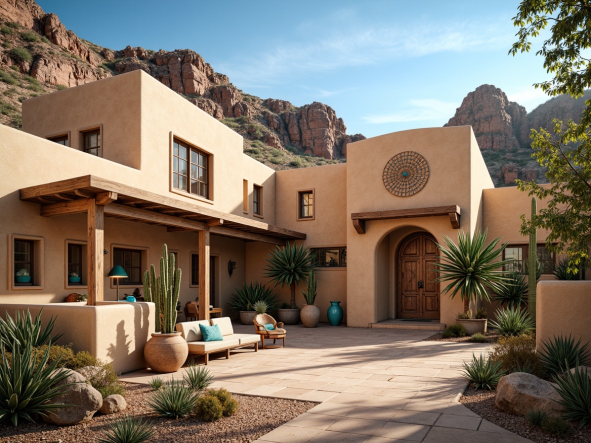 Prompt: Earth-toned adobe walls, rustic wooden accents, vibrant turquoise decorations, traditional Native American pottery, woven baskets, geometric patterns, warm beige stucco exteriors, clay tile roofs, arched doorways, ornate metalwork, lush cacti gardens, sun-kissed desert landscapes, clear blue skies, dramatic rock formations, soft warm lighting, 3/4 composition, realistic textures, ambient occlusion.