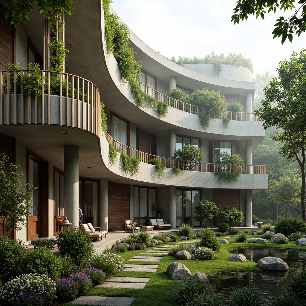 Prompt: Sustainable eco-friendly building, living walls, green roofs, natural stone facades, wooden accents, bamboo flooring, organic curves, earthy color palette, lush vegetation, blooming flowers, misty atmosphere, soft diffused lighting, shallow depth of field, 3/4 composition, panoramic view, realistic textures, ambient occlusion.