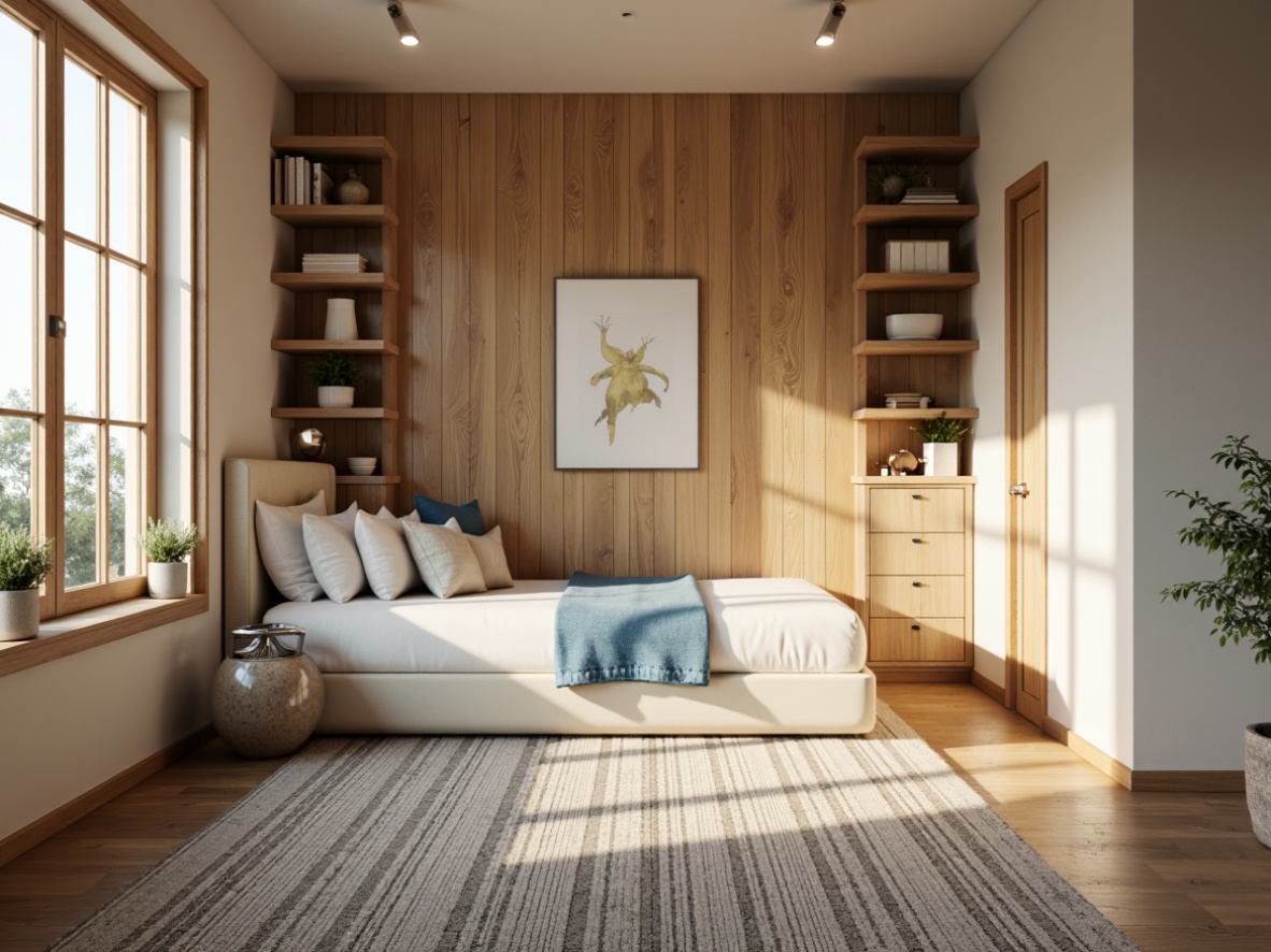 Prompt: Cozy dorm room, warm beige walls, rich wood accents, plush carpeting, soft pastel colors, calming blue hues, creamy white furniture, modern minimalist decor, industrial chic lighting, metallic silver fixtures, textured rug, natural stone vase, potted greenery, morning sunlight, gentle warm glow, 1/2 composition, intimate atmosphere, realistic textures, ambient occlusion.