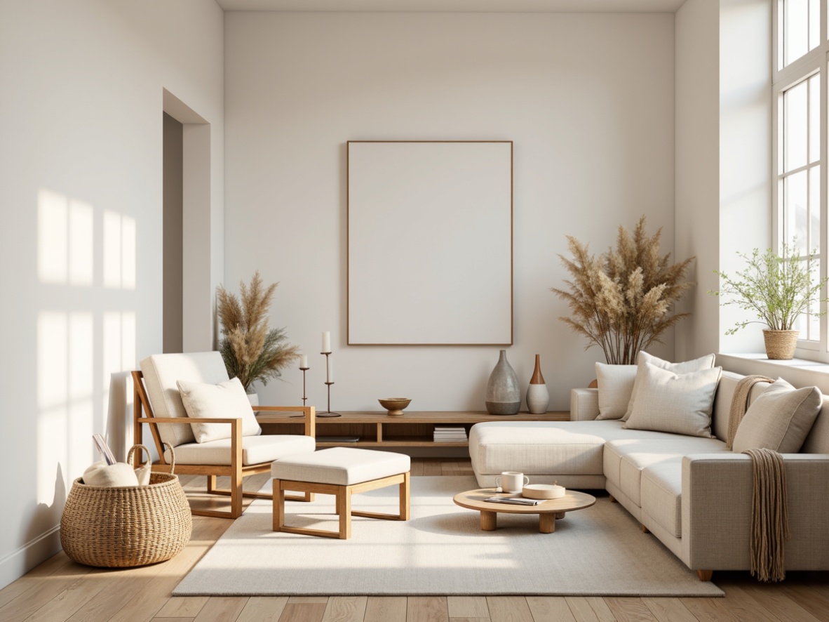 Prompt: Minimalist living room, light wood flooring, creamy white walls, natural textiles, woven baskets, soft pastel colors, Nordic-inspired furniture, sleek lines, simplicity, functionality, cozy atmosphere, warm candlelight, subtle shadows, shallow depth of field, 1/1 composition, soft focus, realistic textures, ambient occlusion.