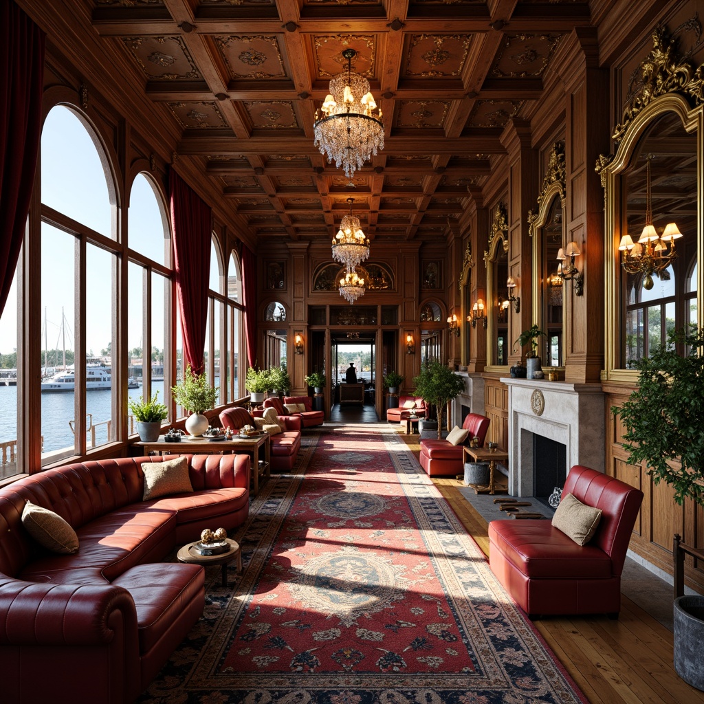 Prompt: Luxurious boathouse interior, ornate golden accents, intricately carved wooden panels, rich velvet drapes, crystal chandeliers, Baroque-style furnishings, curved lines, gilded mirrors, lavish textiles, soft warm lighting, cozy atmosphere, waterfront views, rustic wooden docks, nautical accessories, vintage maritime artifacts, distressed wood finishes, natural stone fireplaces, plush area rugs, regal color palette, dramatic ceiling heights, ornate plasterwork, intricate moldings, sophisticated ambiance.