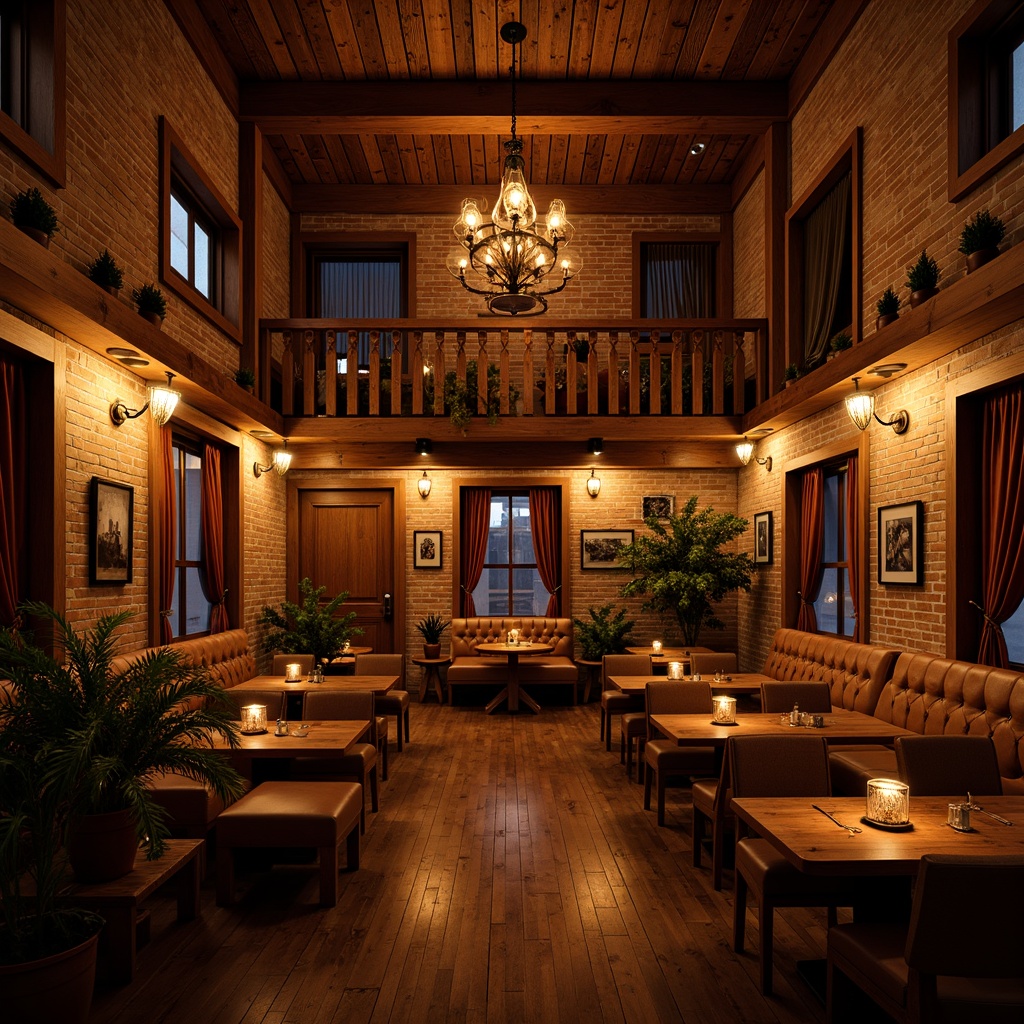 Prompt: Cozy music venue, craftsman-style wooden accents, warm golden lighting, dimmable stage lights, vintage lanterns, rustic metal chandeliers, richly textured brick walls, distressed wood floors, plush velvet curtains, ornate wooden balconies, intimate seating areas, candle-lit tables, soft warm glow, low-key ambiance, 1/1 composition, realistic textures, subtle shadows.