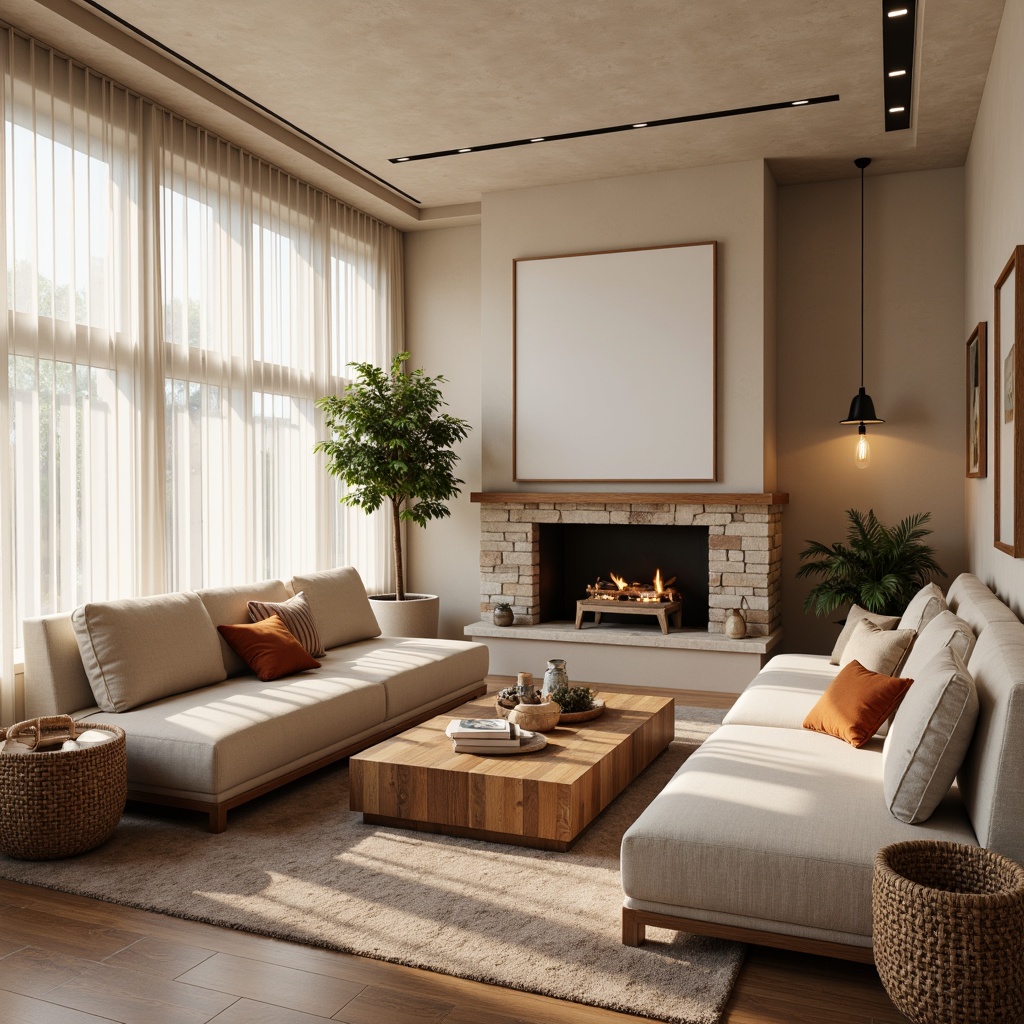 Prompt: Cozy living room, plush sectional sofas, velvet armchairs, wooden coffee tables, woven baskets, soft cushions, pastel color palette, warm beige walls, natural stone fireplace, floor-to-ceiling windows, sheer white curtains, pendant lamps, ambient lighting, 1/1 composition, shallow depth of field, realistic textures.