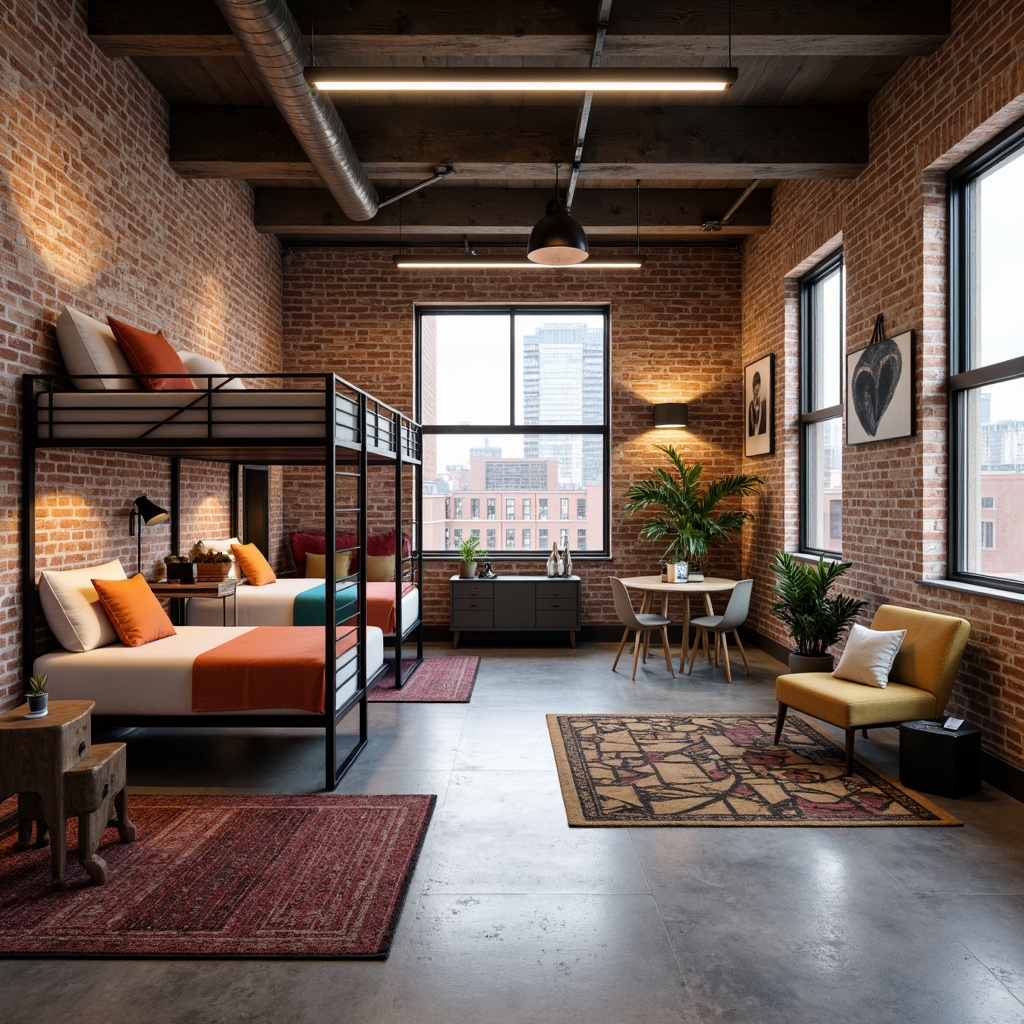 Prompt: Modern dorm room, industrial chic decor, exposed brick walls, polished concrete floors, minimalist furniture, sleek metal frames, reclaimed wood accents, cozy reading nooks, plush area rugs, warm task lighting, comfortable bedding, vibrant accent colors, geometric patterned curtains, urban loft-inspired atmosphere, functional storage solutions, compact workstations, ergonomic chairs, inspirational quotes, soft natural light, 1/1 composition, shallow depth of field, realistic textures.